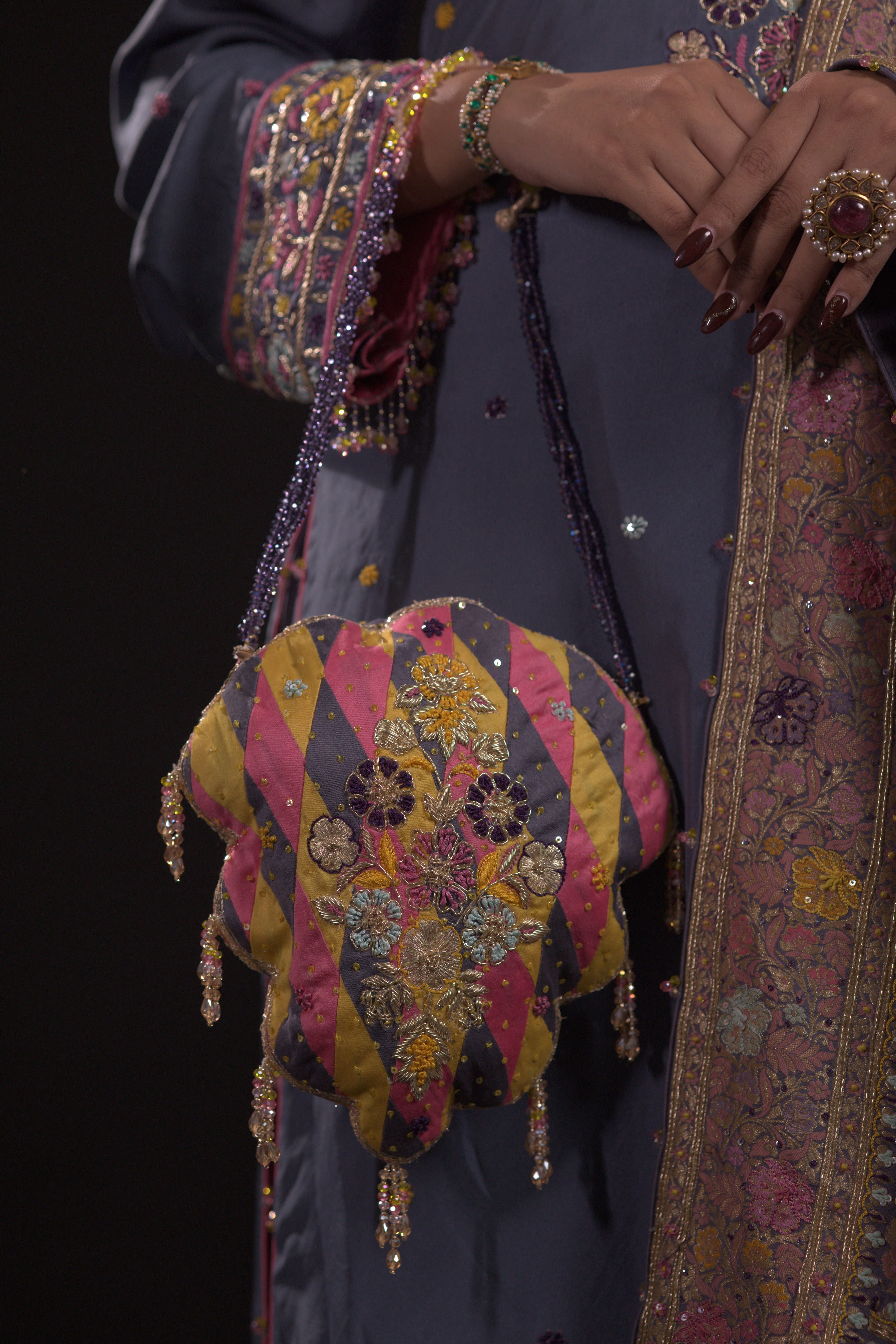 Slate blue Neemzari Bandhej Dupatta and Kurta Set