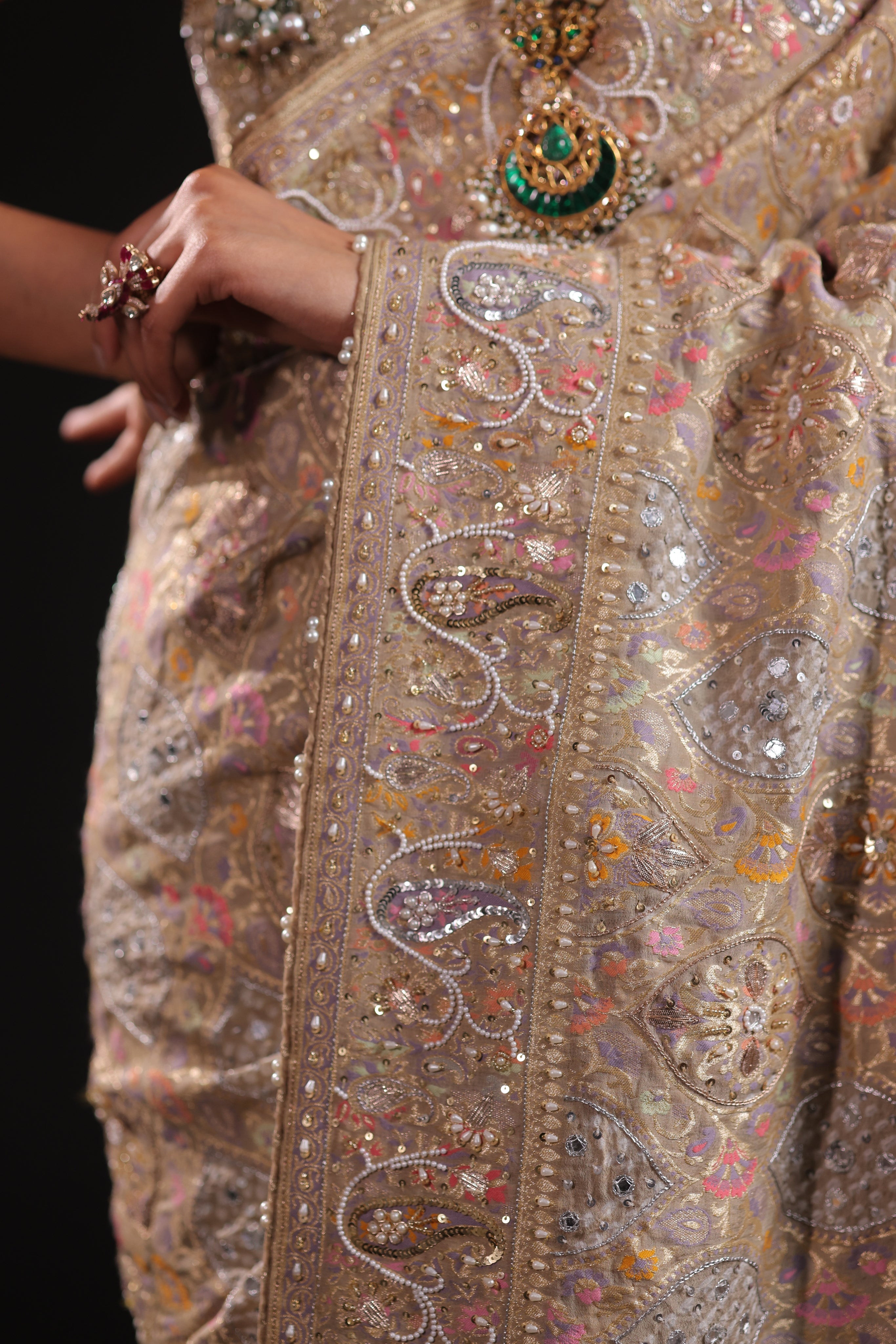 Gilded Champagne Gold Pure Georgette Bandhej Saree