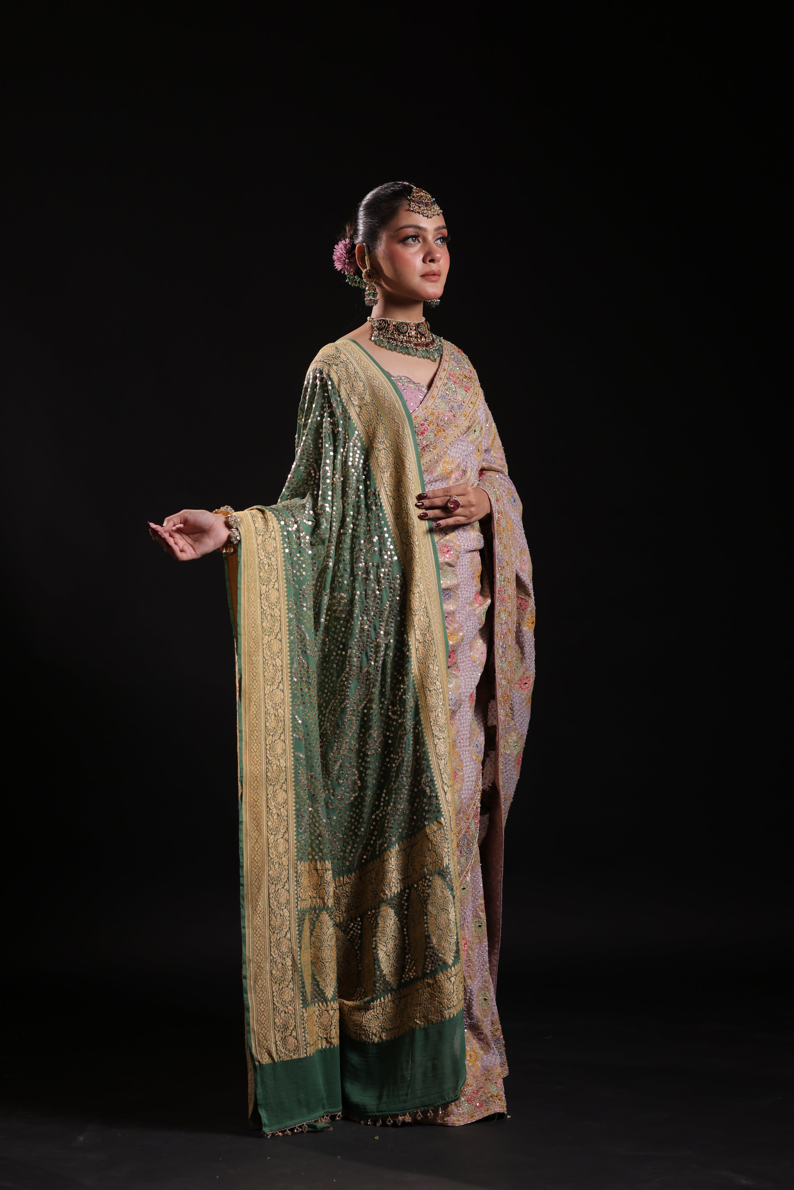 Forest Green Mukaish Bandhej Pure Georgette Dupatta Only