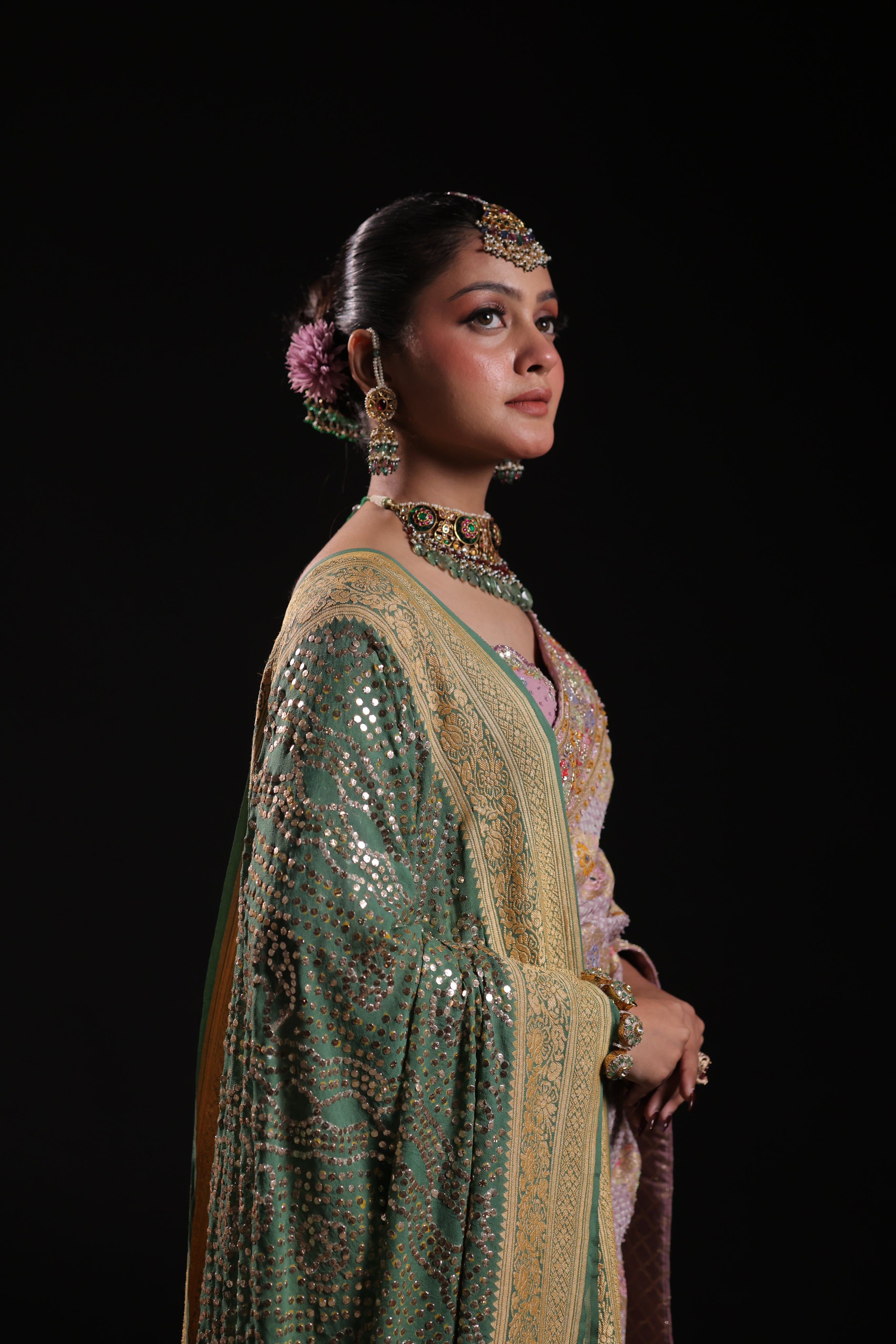 Forest Green Mukaish Bandhej Pure Georgette Dupatta Only