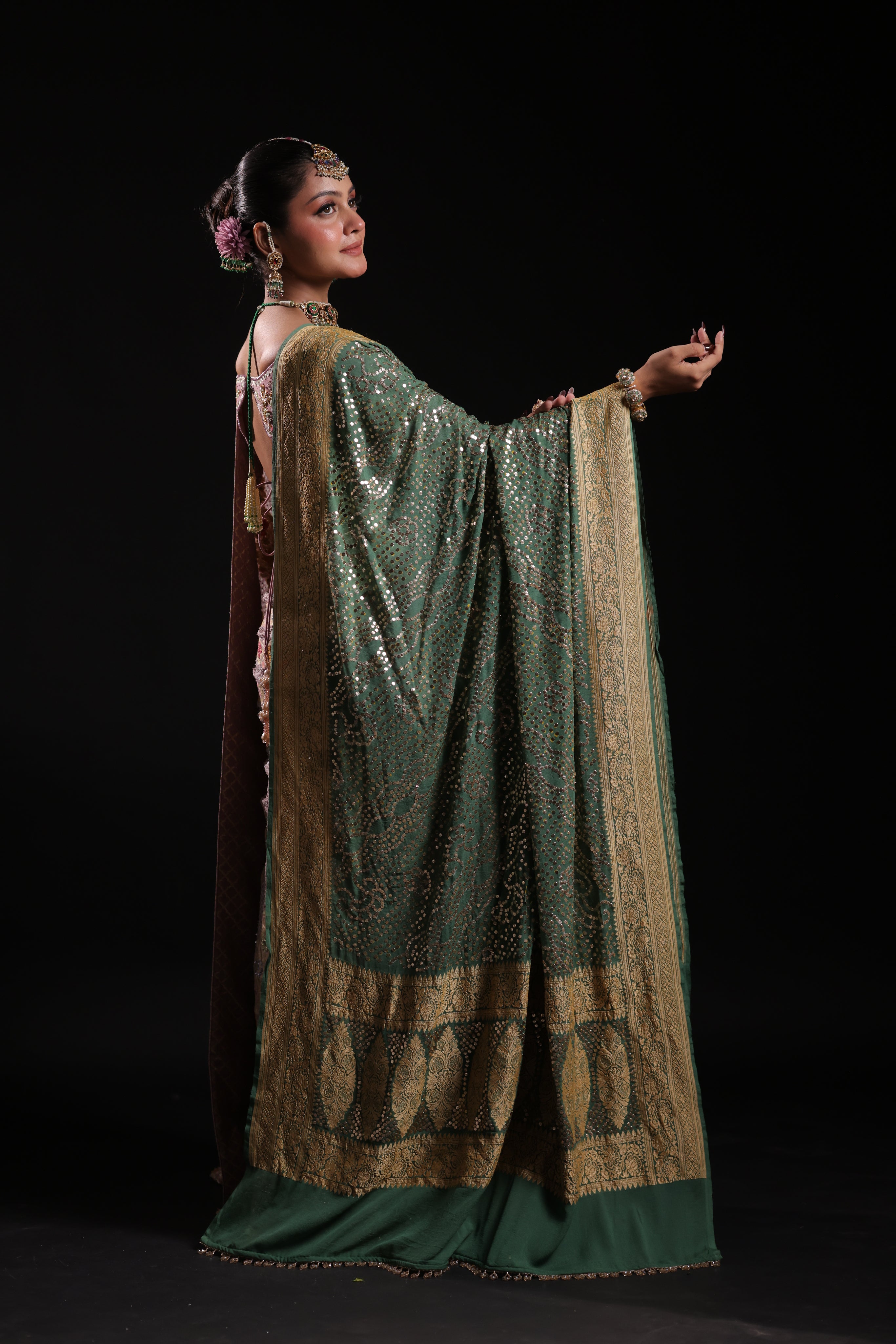 Forest Green Mukaish Bandhej Pure Georgette Dupatta Only