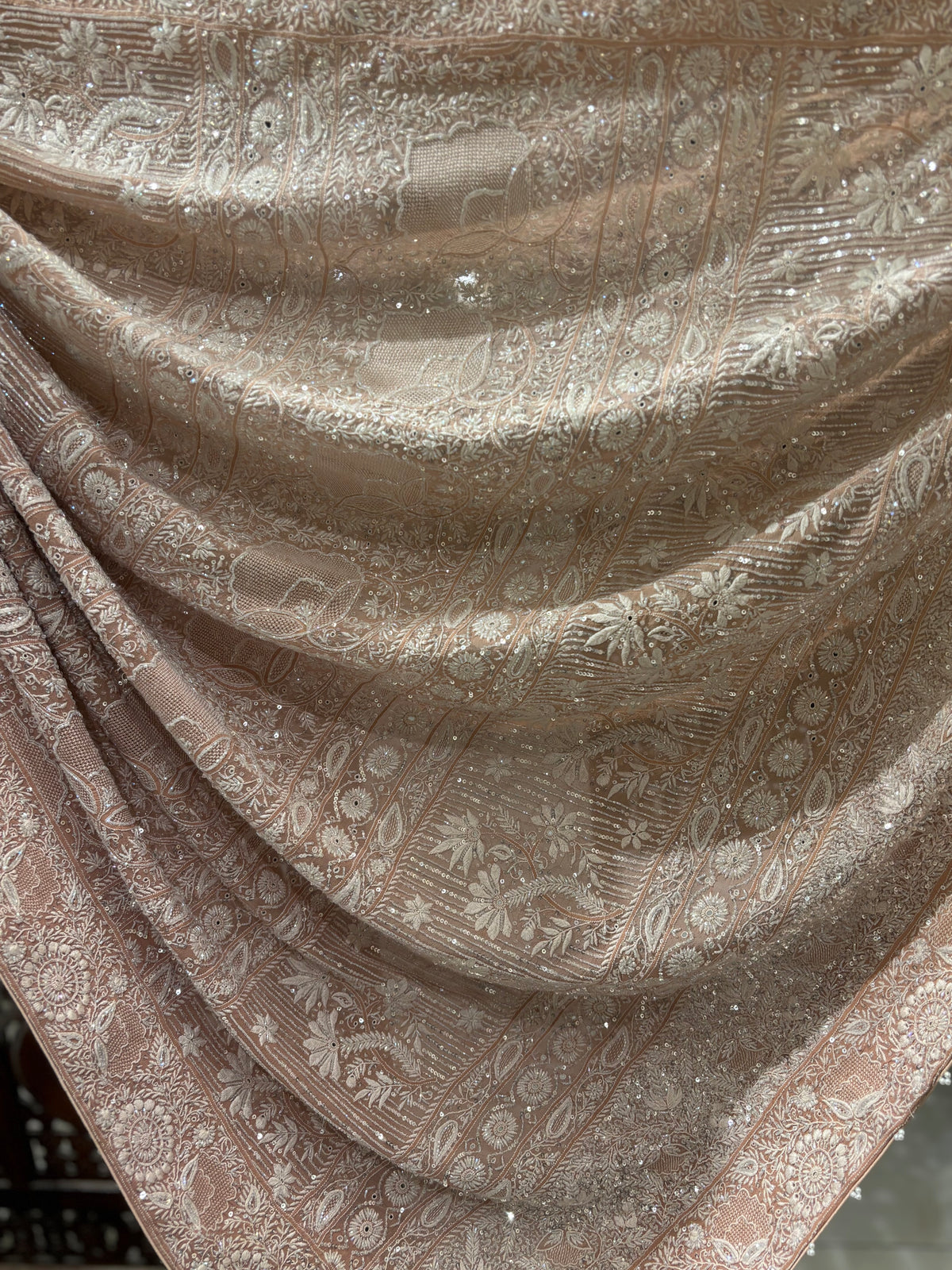 Warm Peach Ombré Pure & Premium Georgette Chikankari Saree