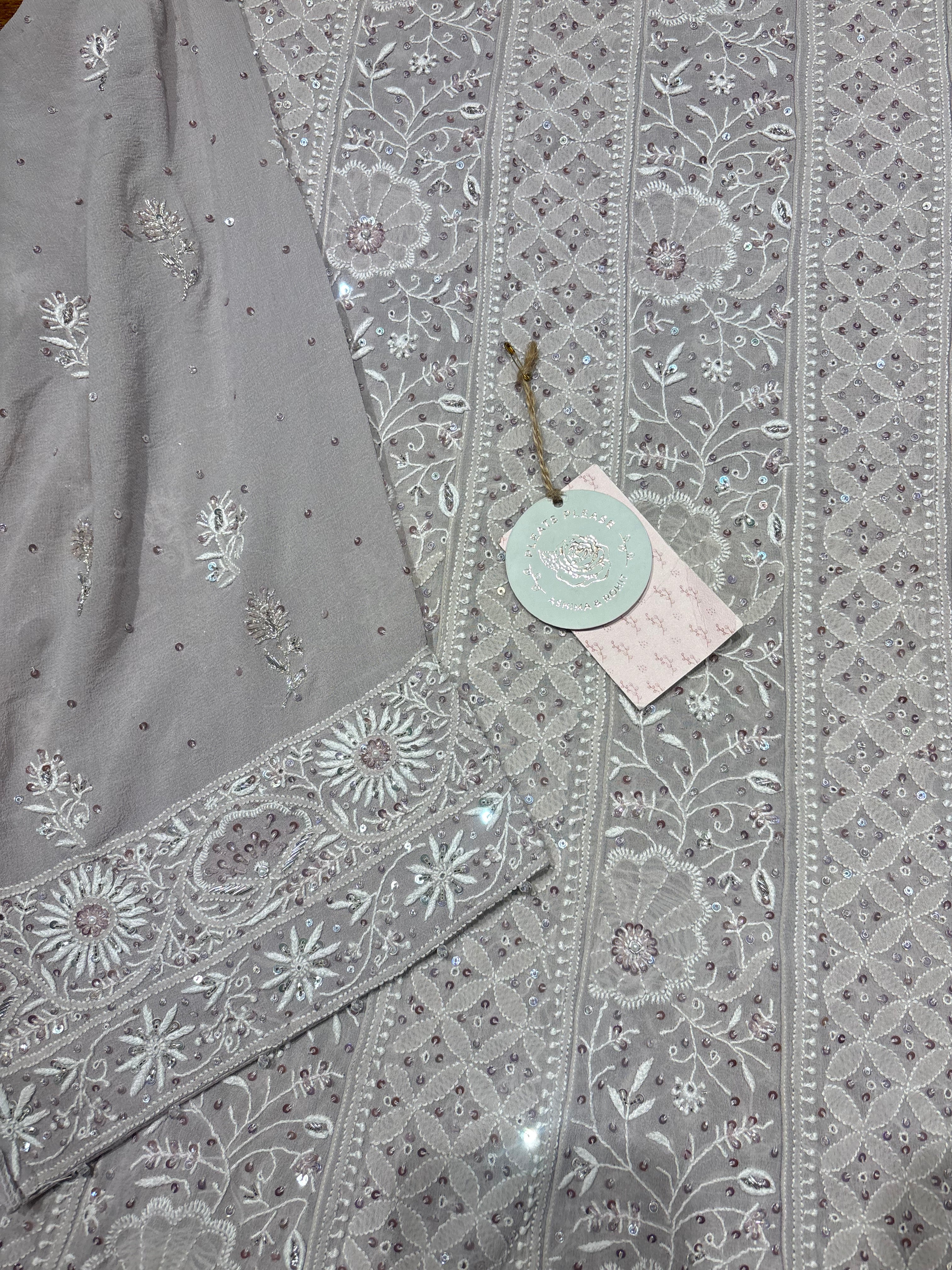 Lavender Latte Pure Georgette Chikankari Anarkali and Dupatta set