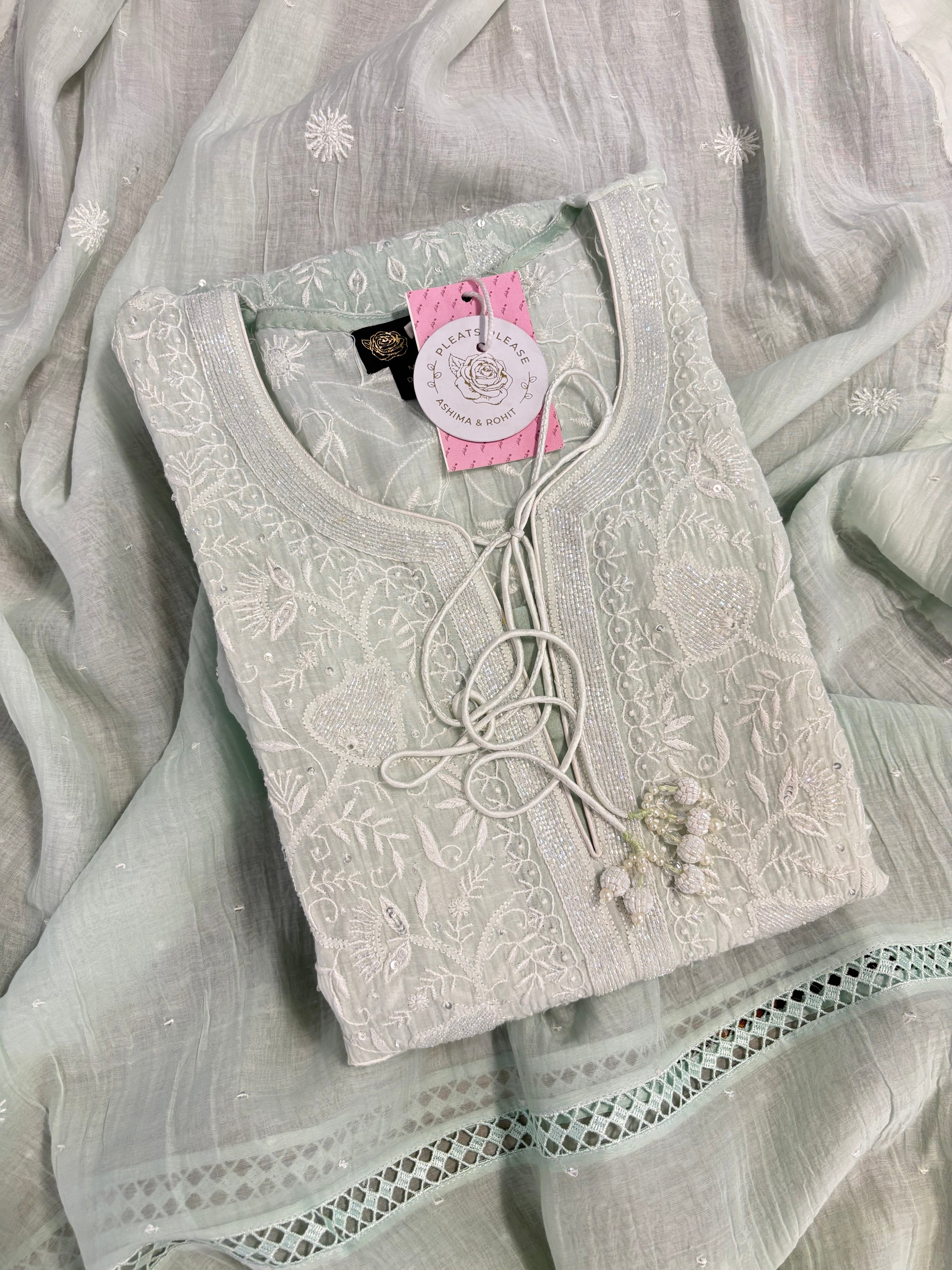 Sage Green Ombré Chanderi Mul Chikankari Kurta & Dupatta With Bottom