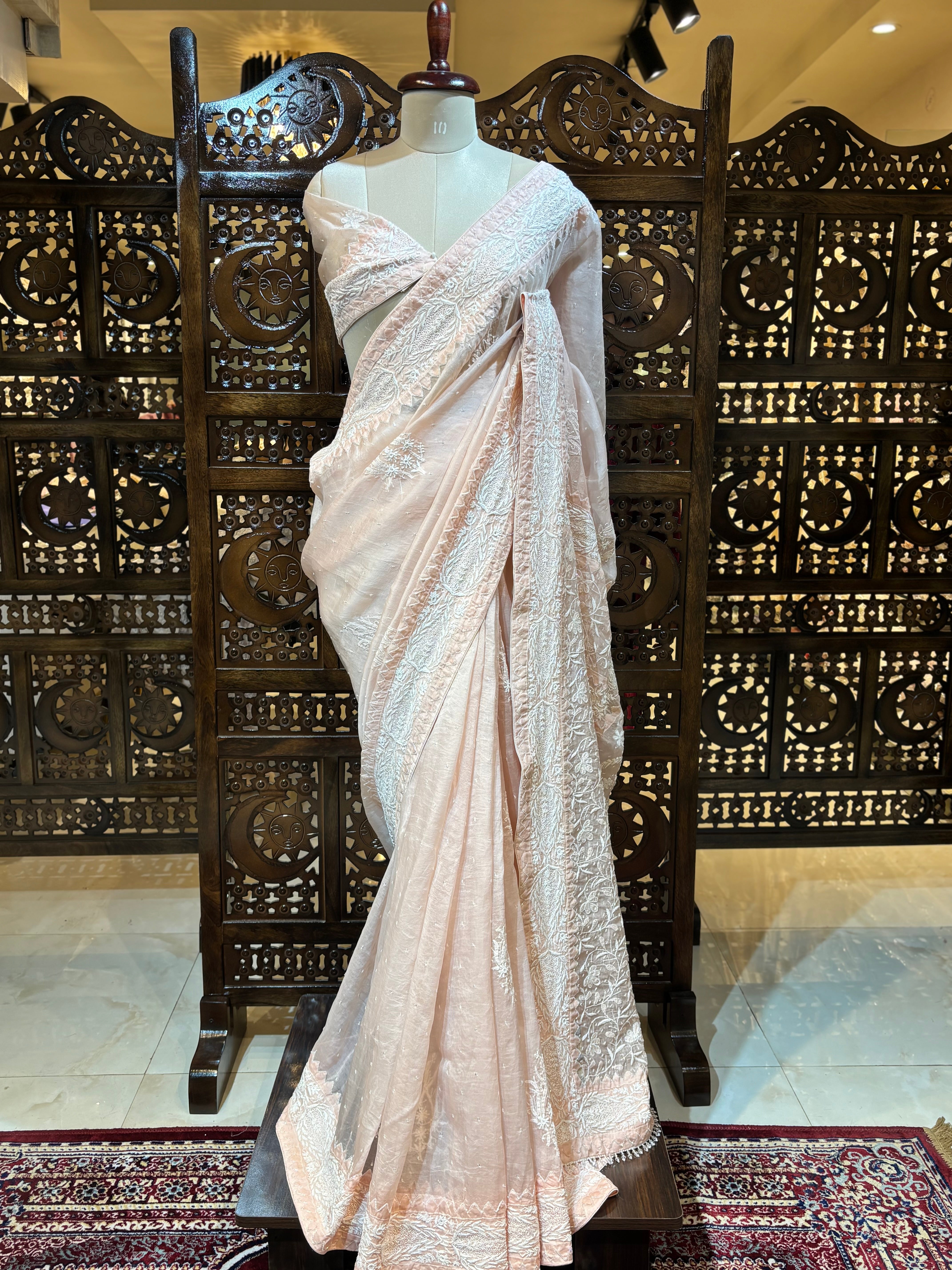 Blush Pink Organza Silk Chikankari Saree and Blouse - Pleats PleaseChikankari