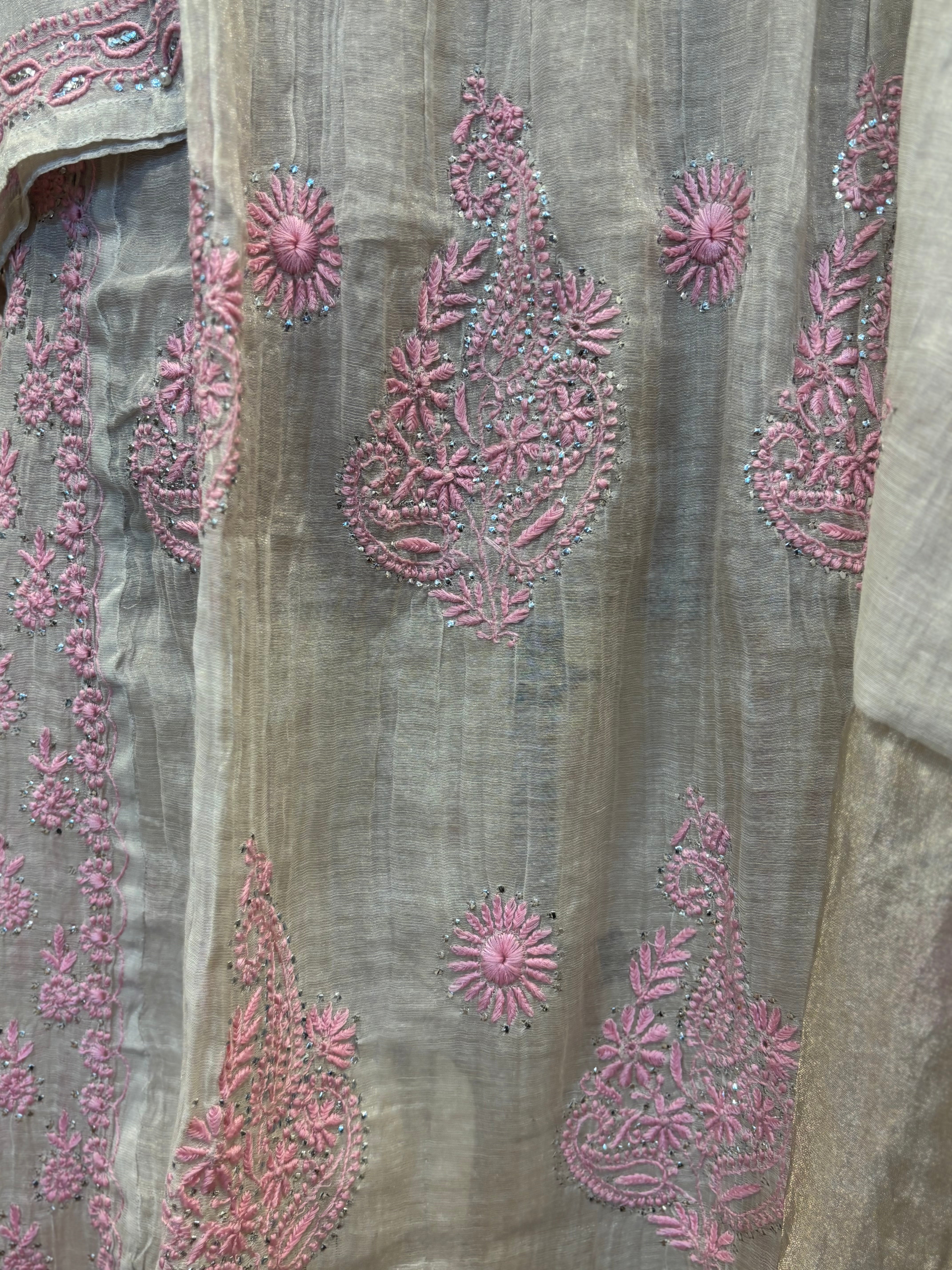Dyeable pure and premium Tissue Chikankari & Mukaish Angrakha Kurta and Dupatta Set