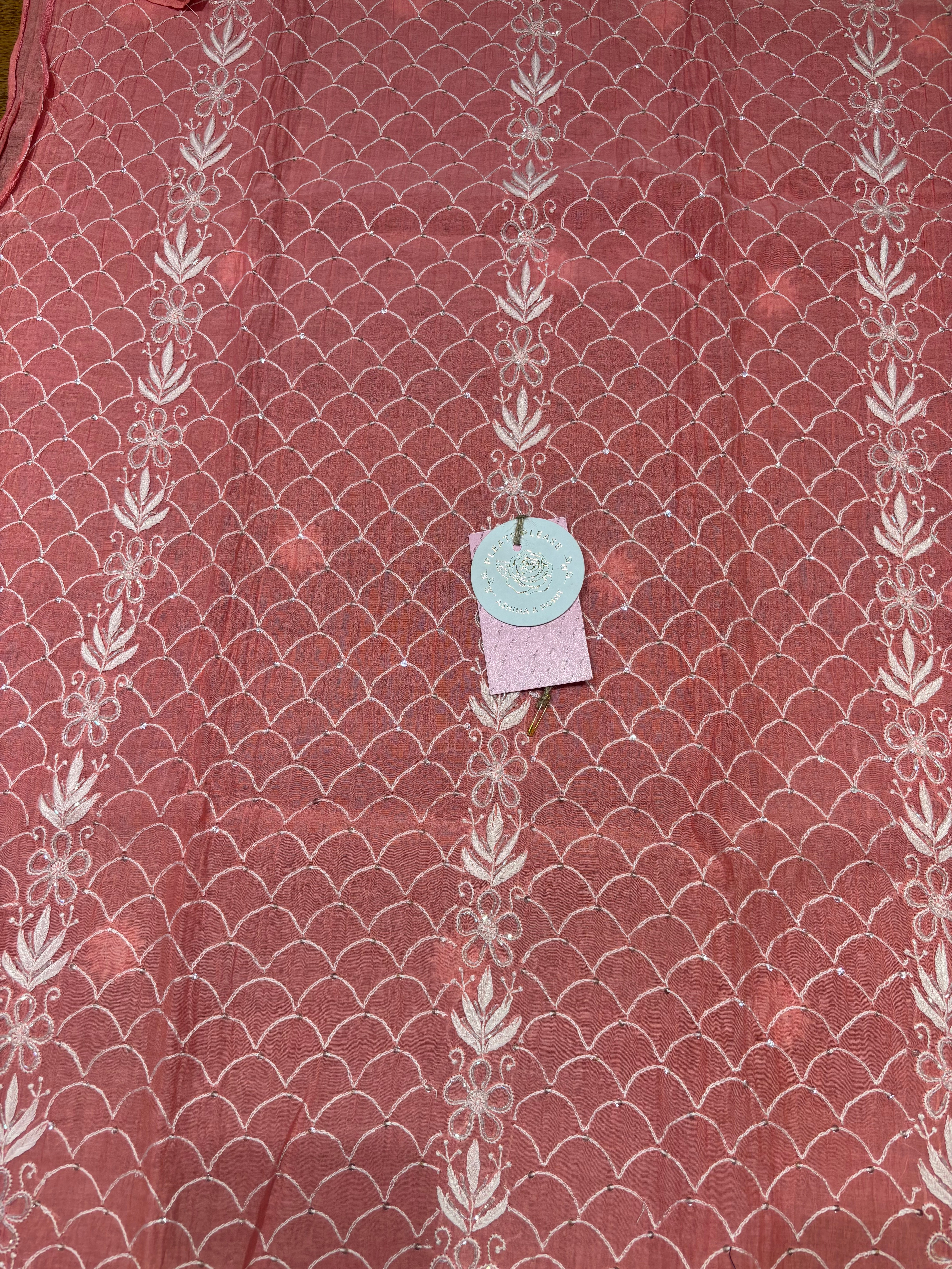 Coral Pink Chanderi Mul Chikankari Kurta & Dupatta Set