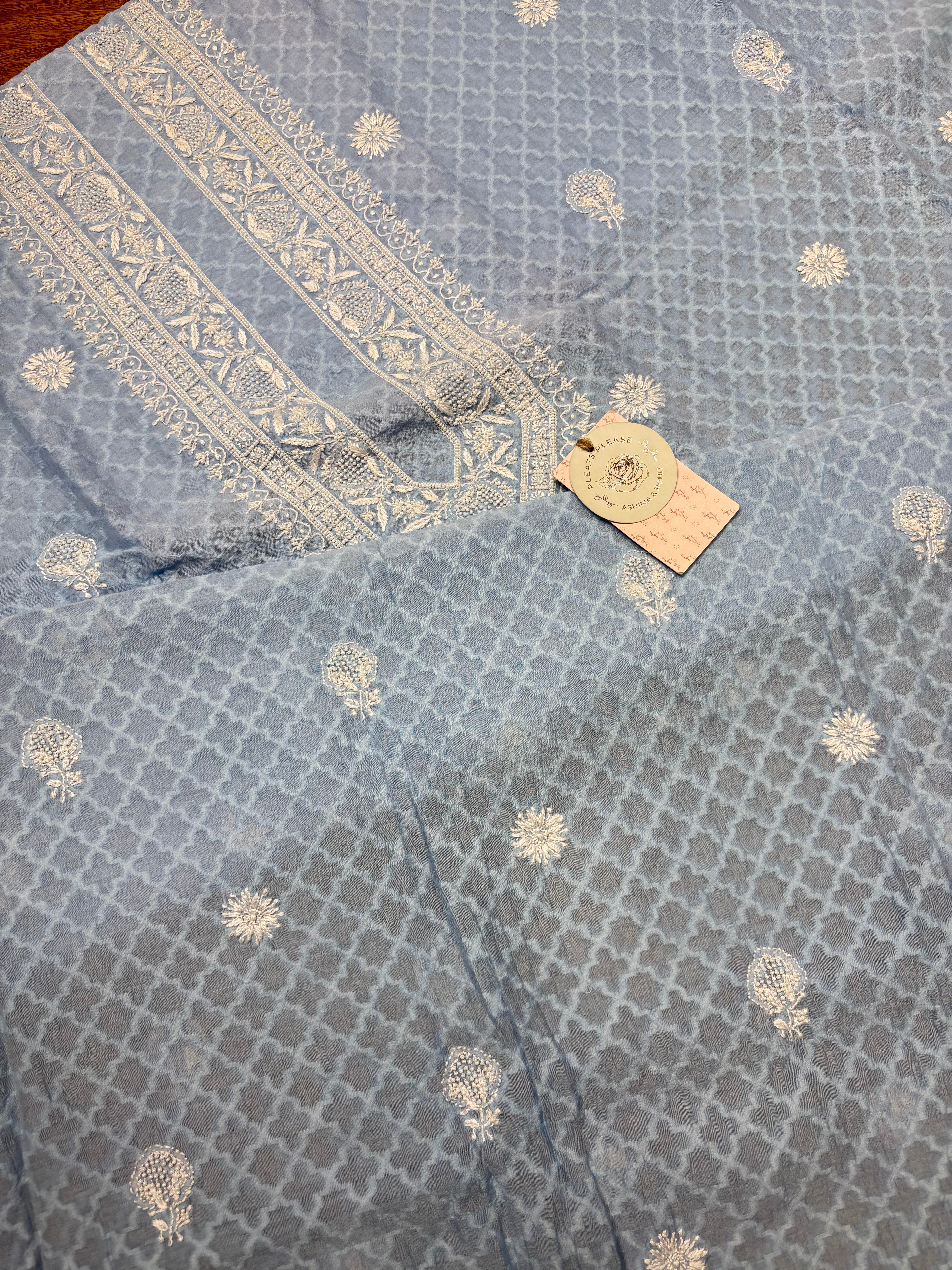 Blue Chanderi Jacquard Chikankari Men's Kurta Fabric