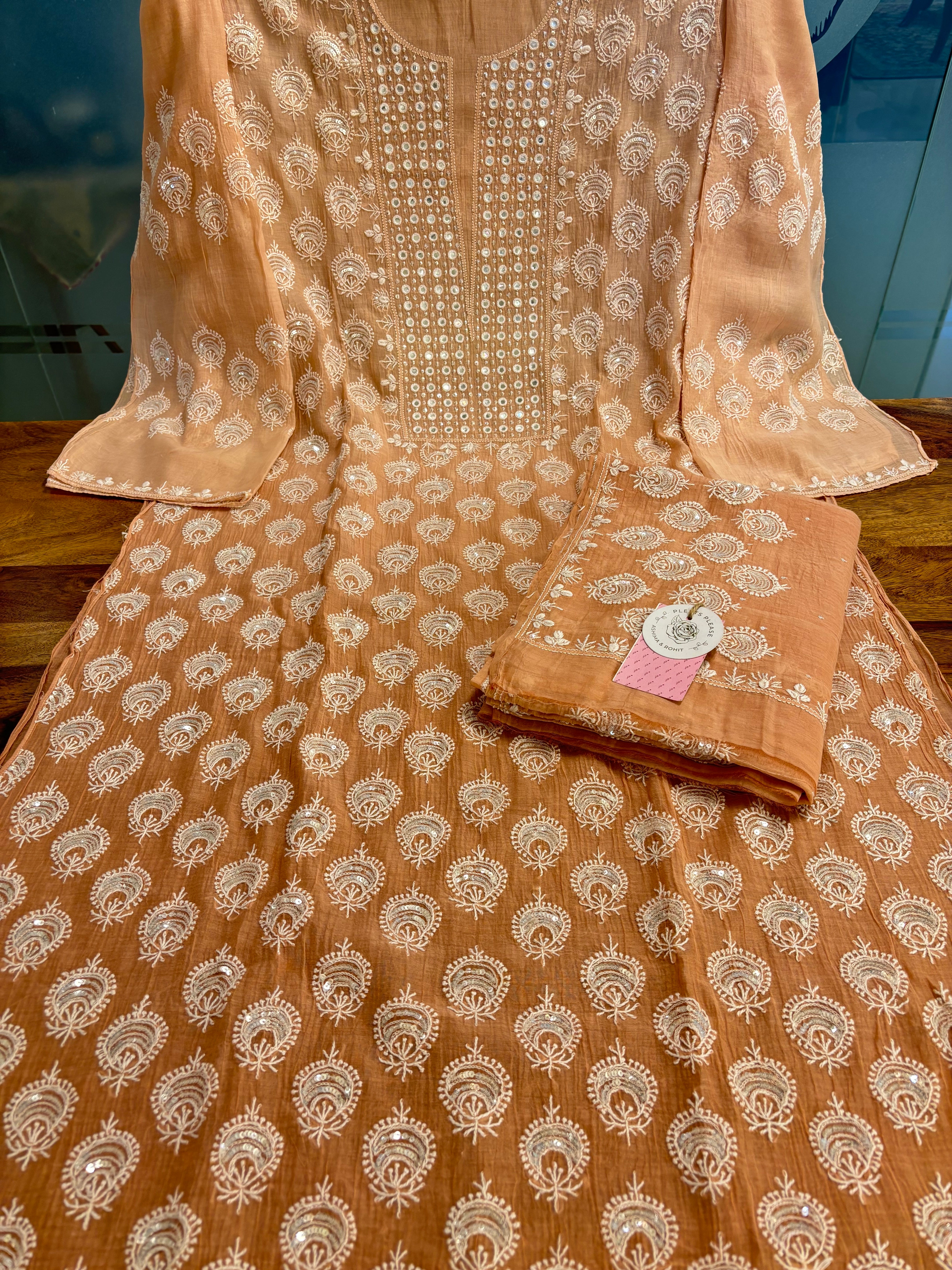 Peach Ombré Chanderi Chikankari Kurta & Dupatta