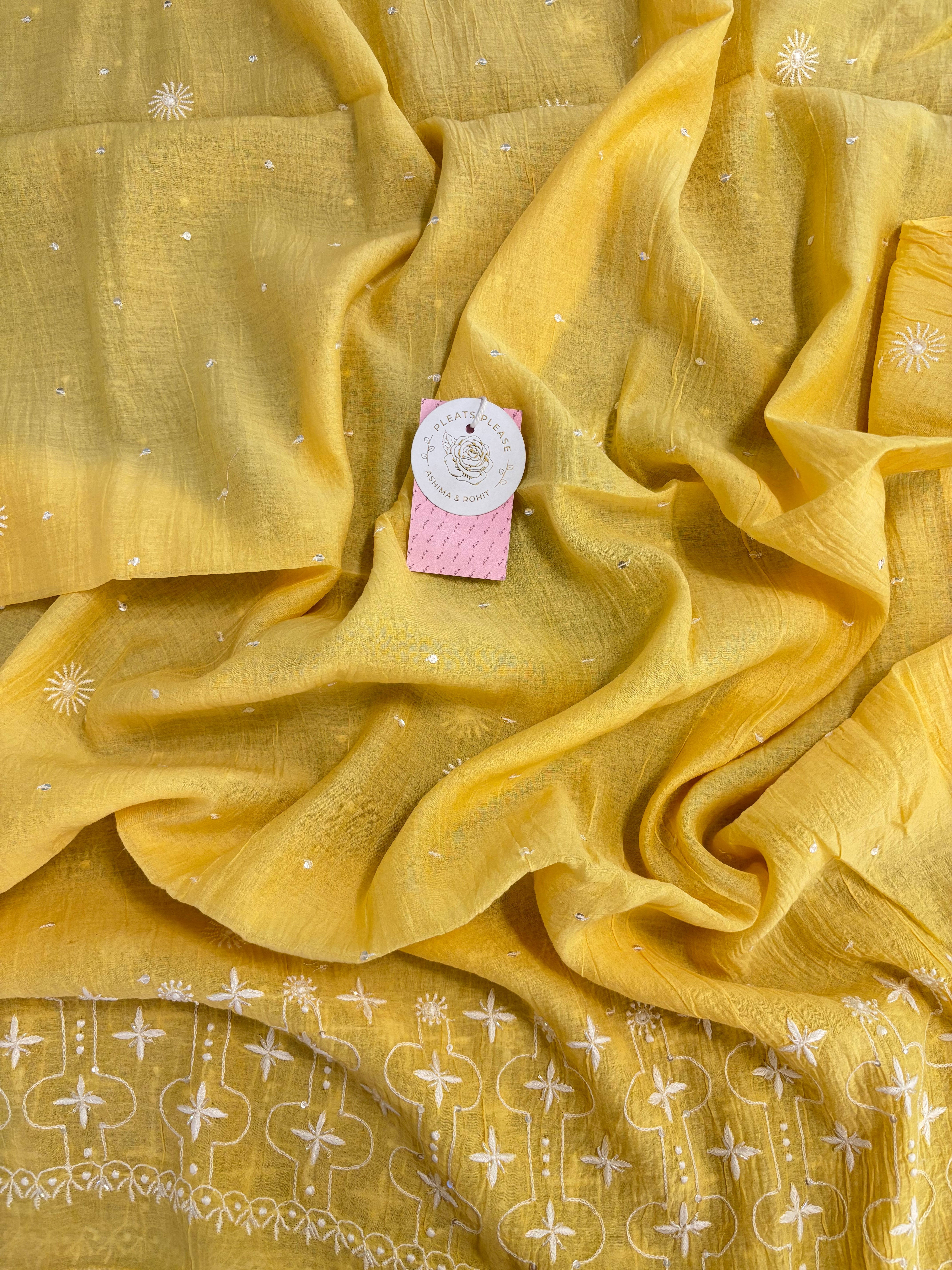 Yellow Chanderi Mul Chikankari Anarkali & Dupatta Set - Pleats PleaseChikankari