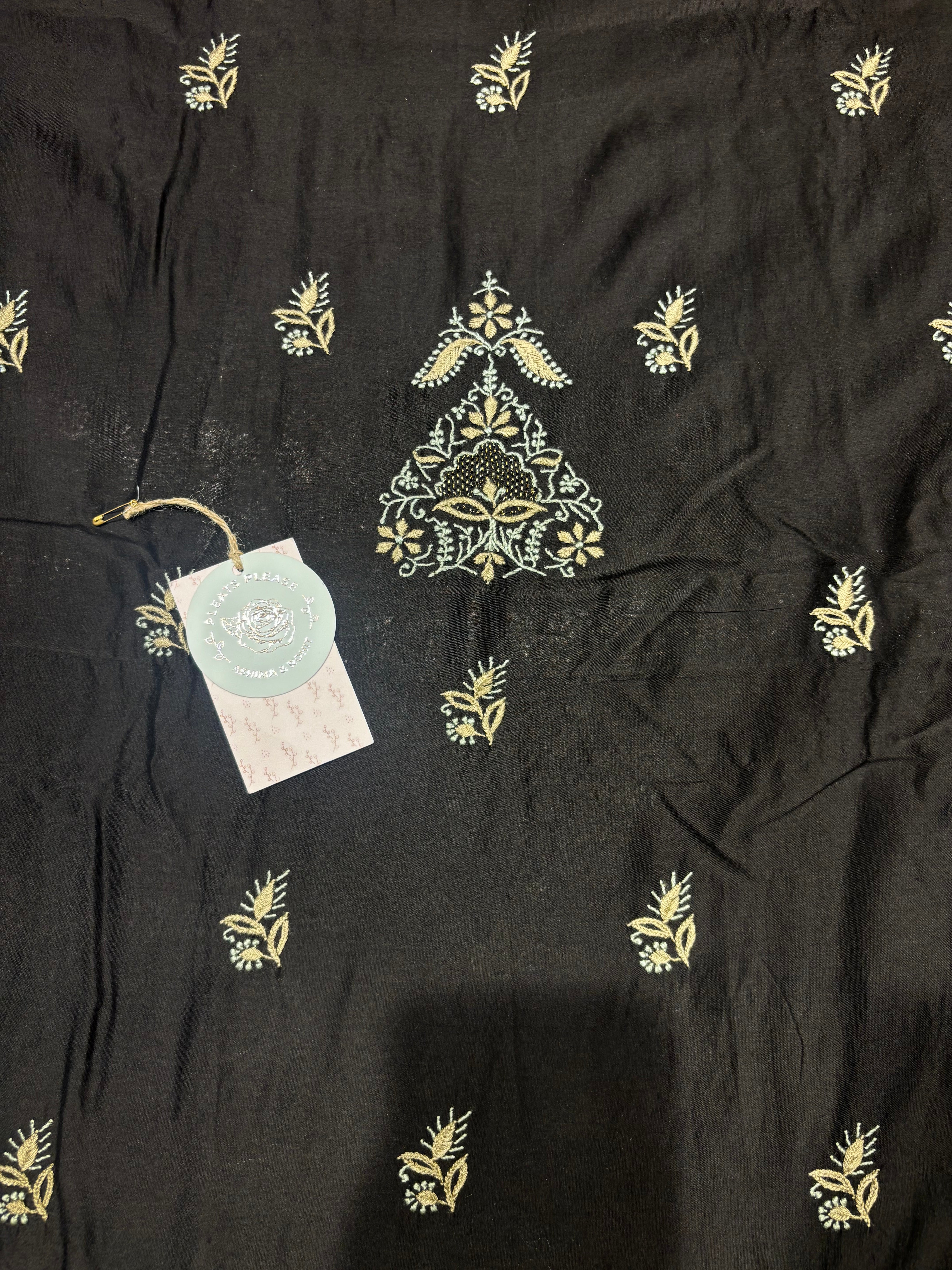 Black Chanderi Silk Chikankari Men’s Kurta Fabric
