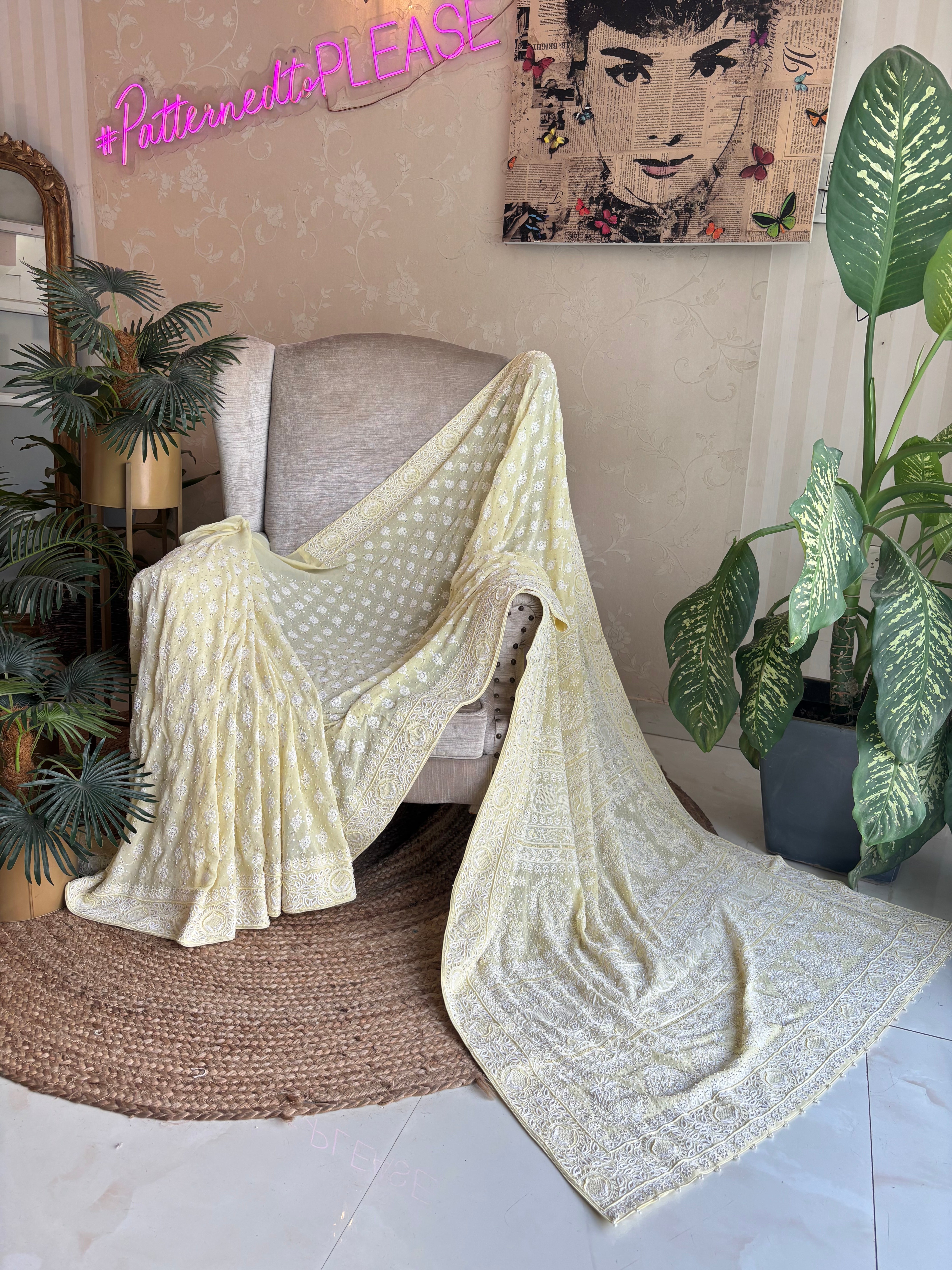 Lime Yellow Pure Georgette Chikankari saree and Blouse