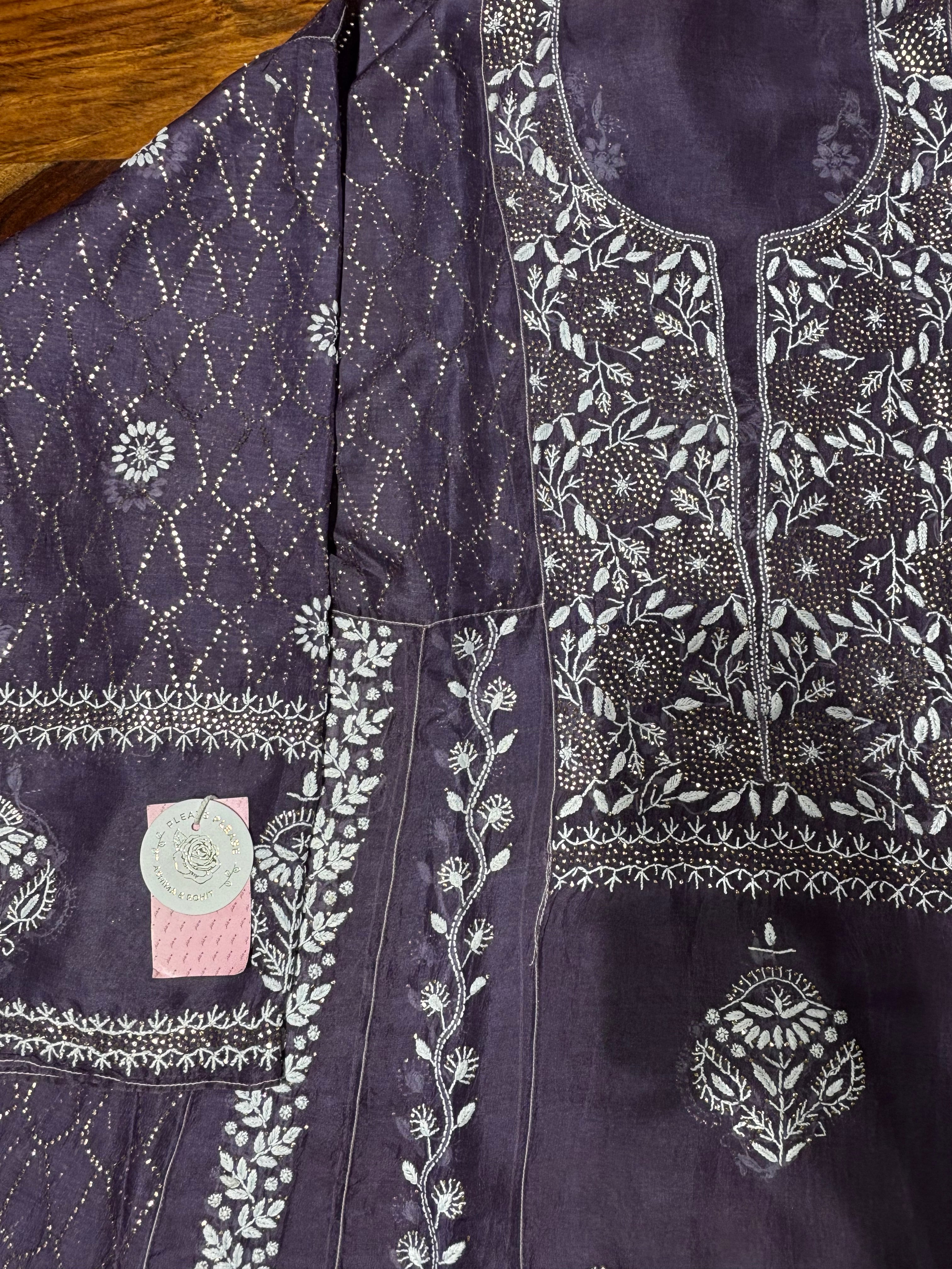 Deep Plum Pure Organza Silk Mukaish & Chikankari Anarkali & Dupatta