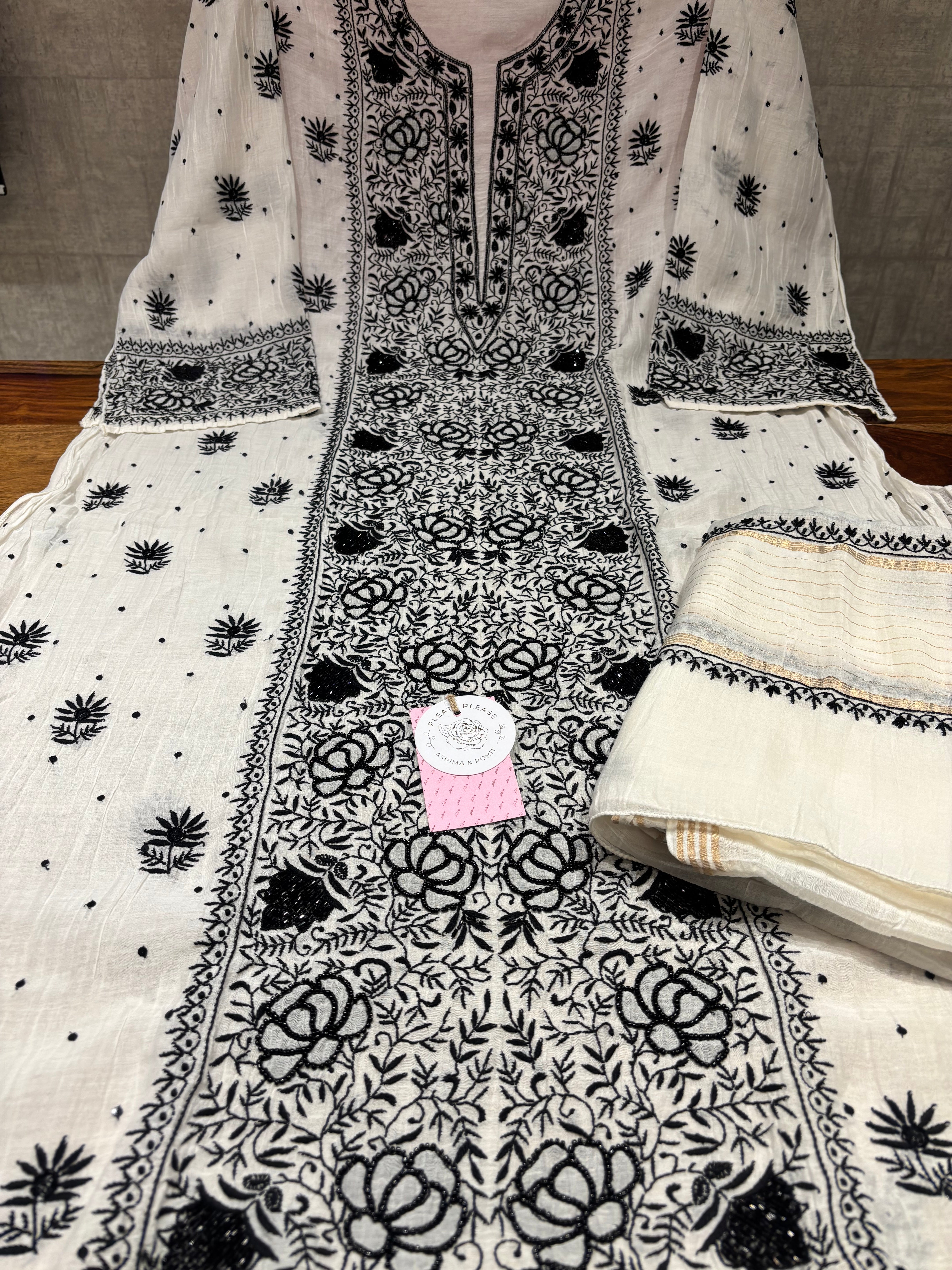 Dyeable Chanderi Mul Chikankari Kurta and Dupatta Set