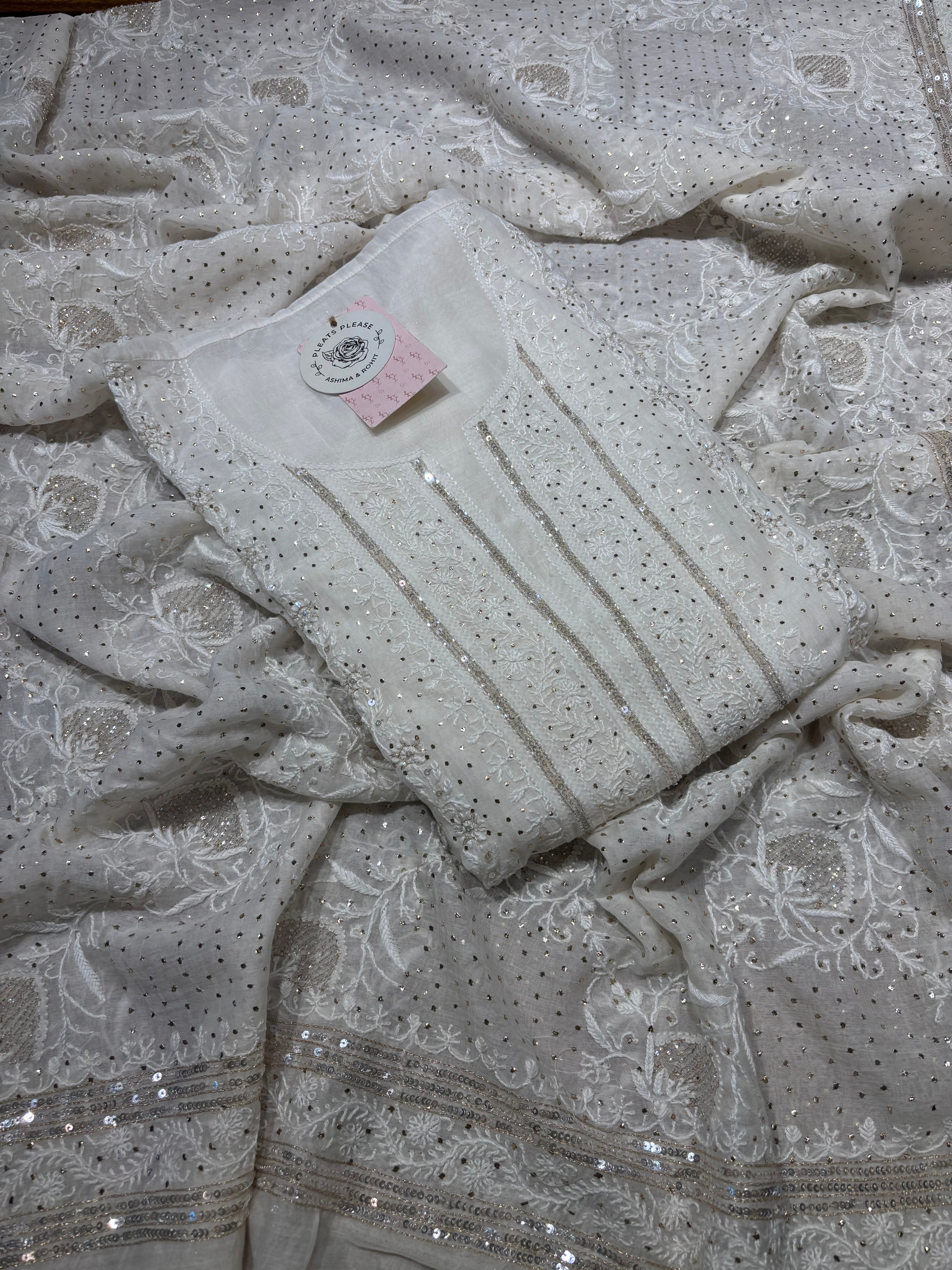 Dyeable Chanderi Mul Chikankari And Mukaish Kurta And Dupatta Set