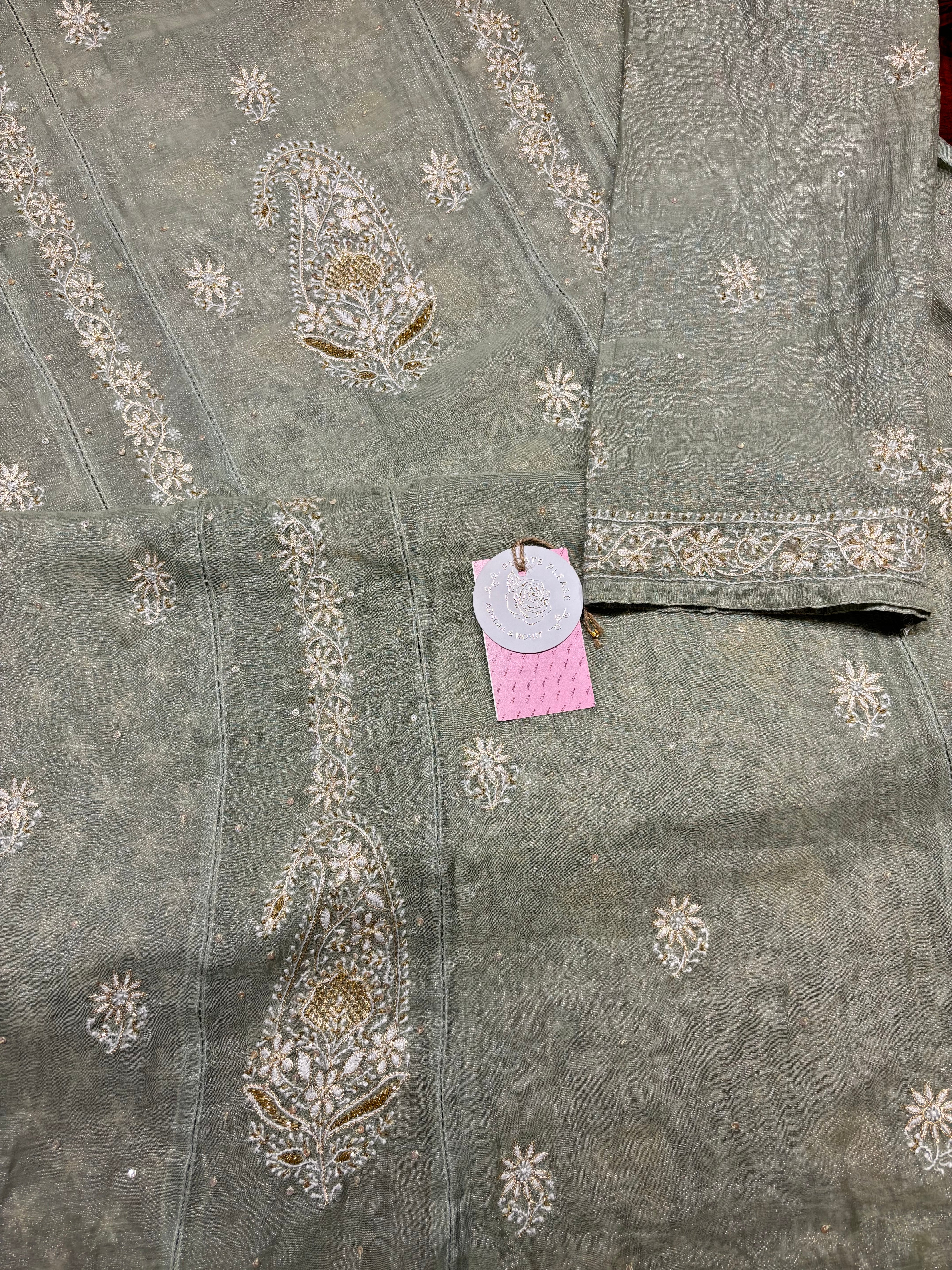 Sage Green Pure & Premium Tissue Chikankari Kalidar Kurta & Dupatta Set