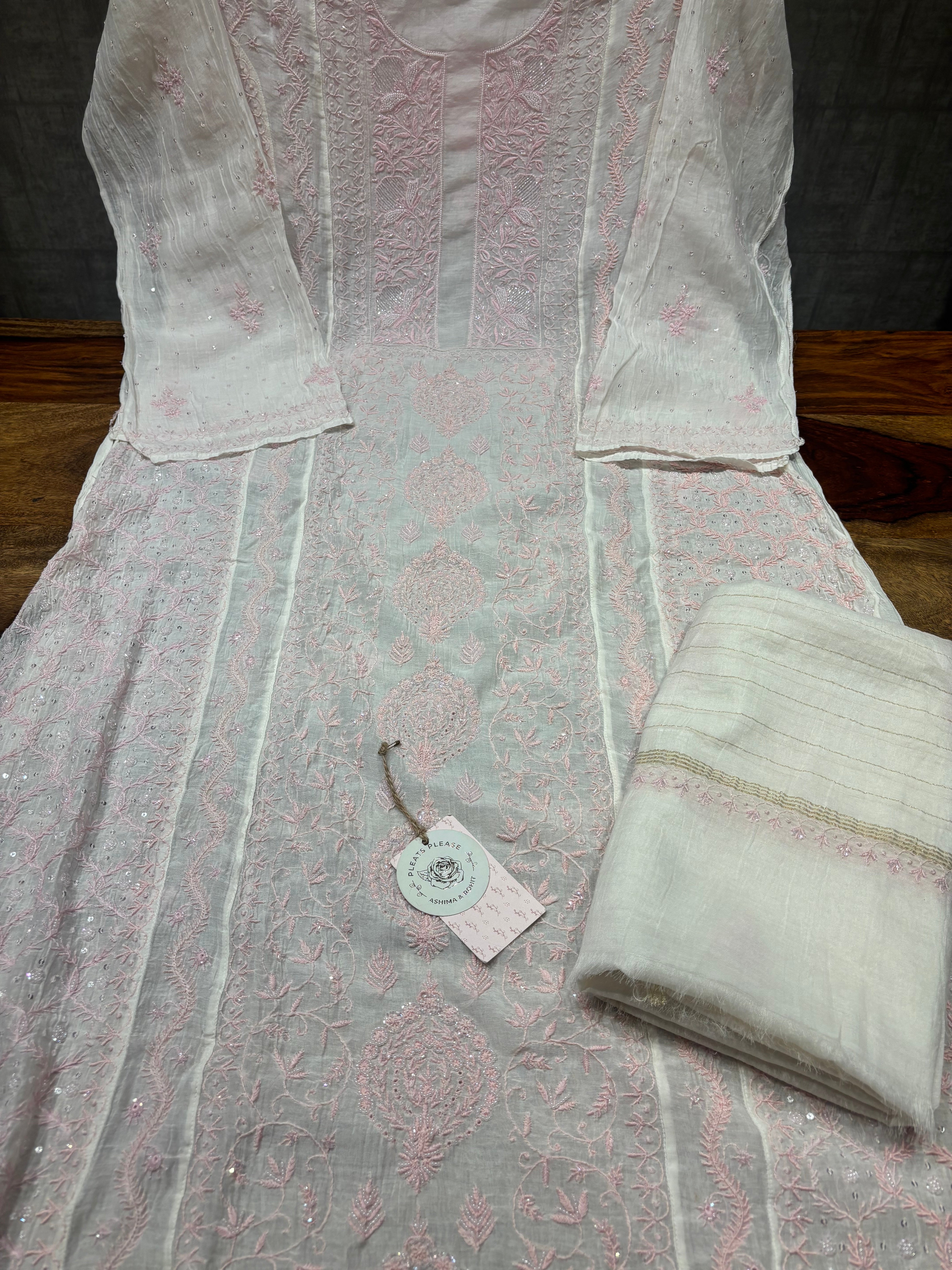 Dyeable Chanderi Mul Chikankari Kurta and Dupatta set