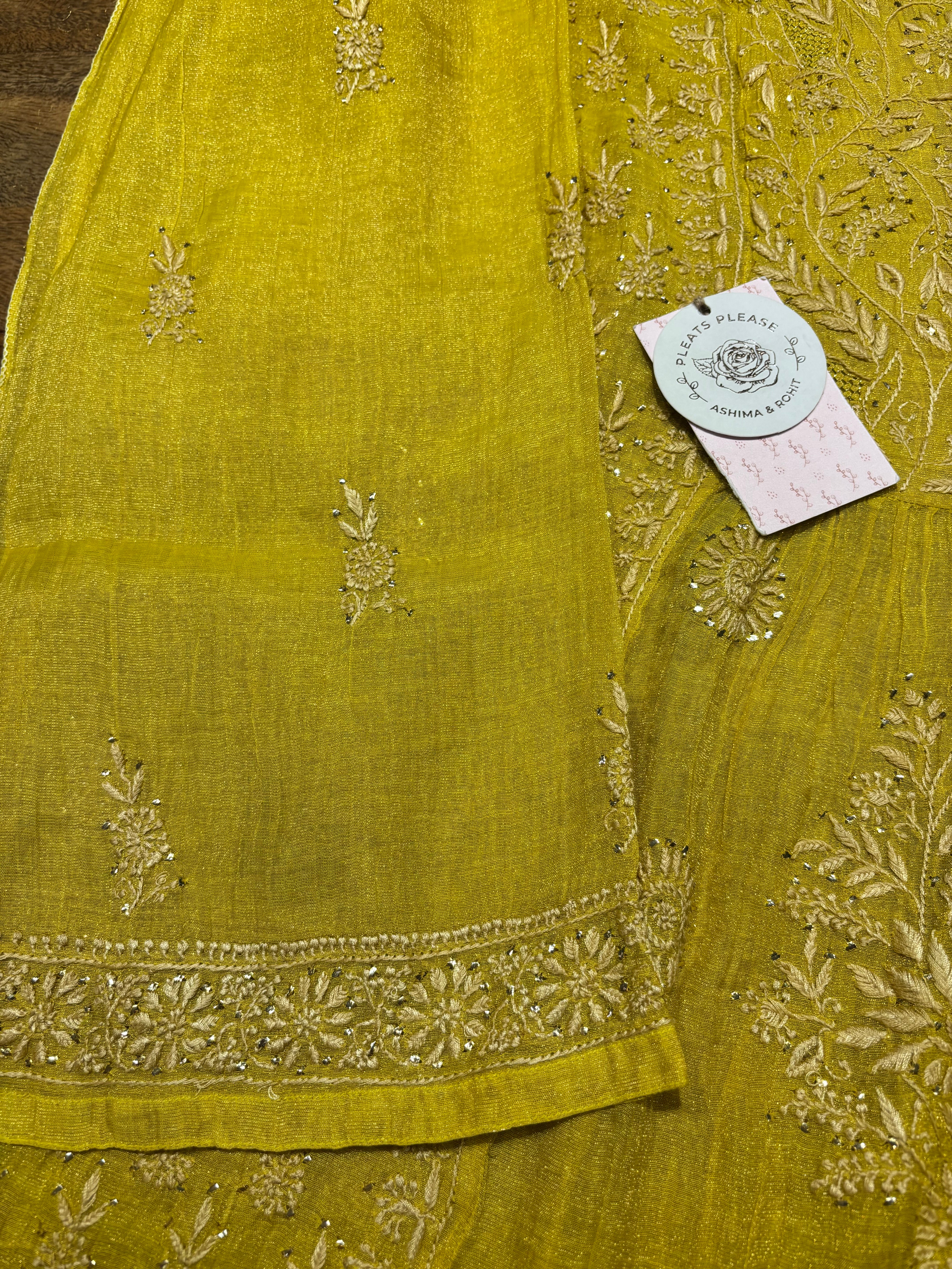 Yellow Pure and Premium Tissue Chikankari & Mukaish Angrakha and Dupatta Set