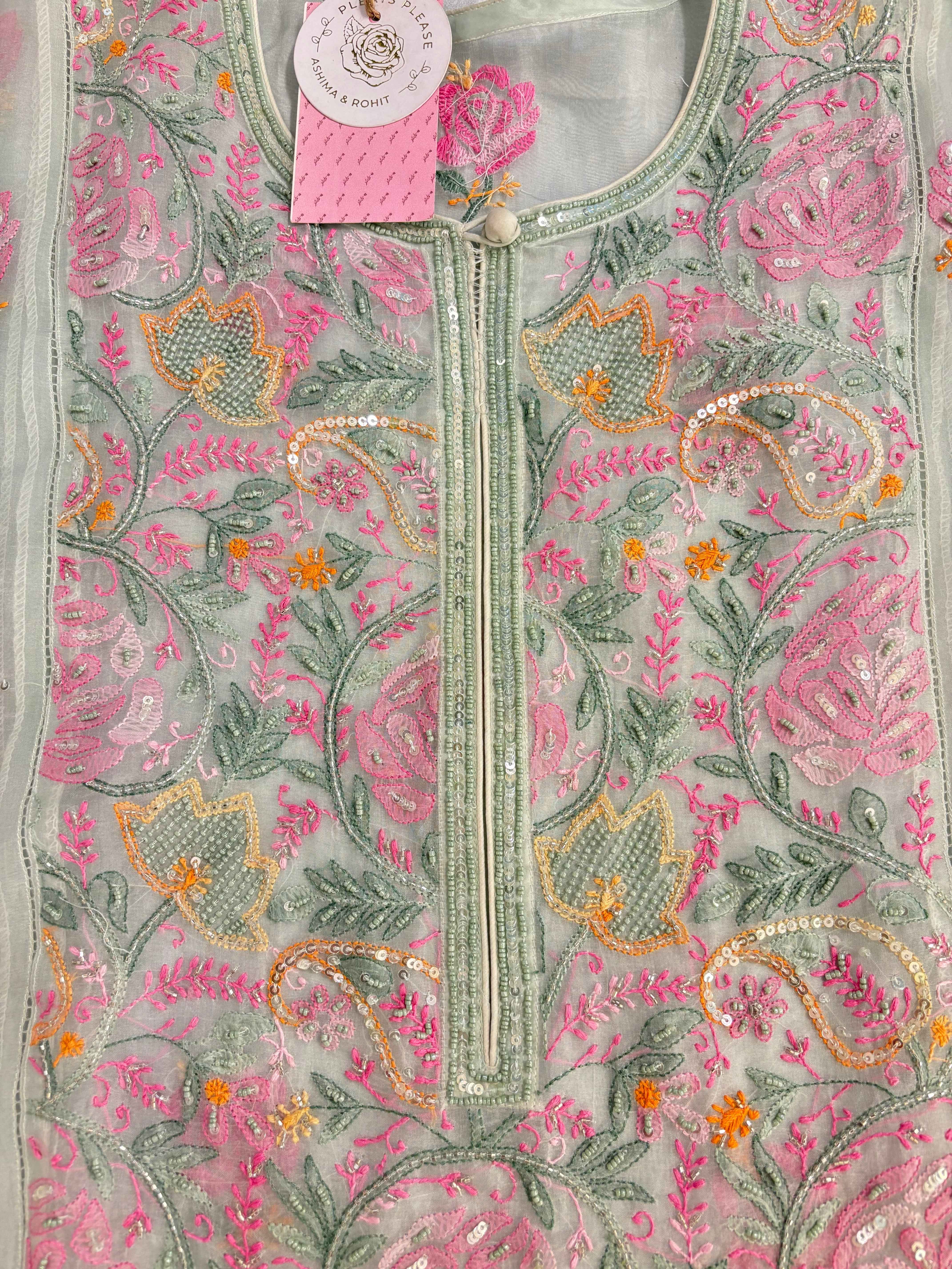 Ice Green Pure Organza Chikankari Kurta & Dupatta