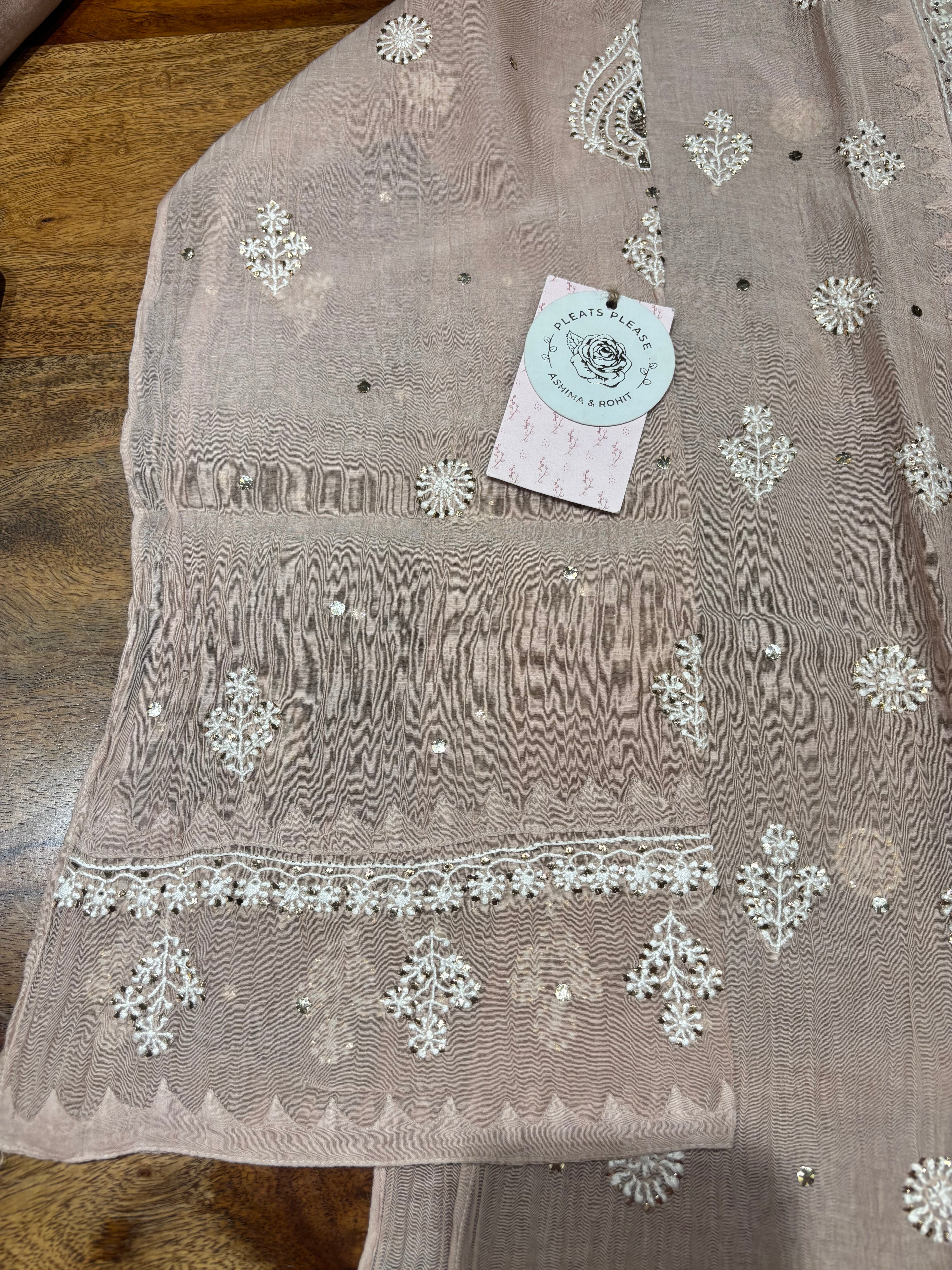 Nude Rose Chanderi Mul Chikankari & Mukaish Kurta & Dupatta Set