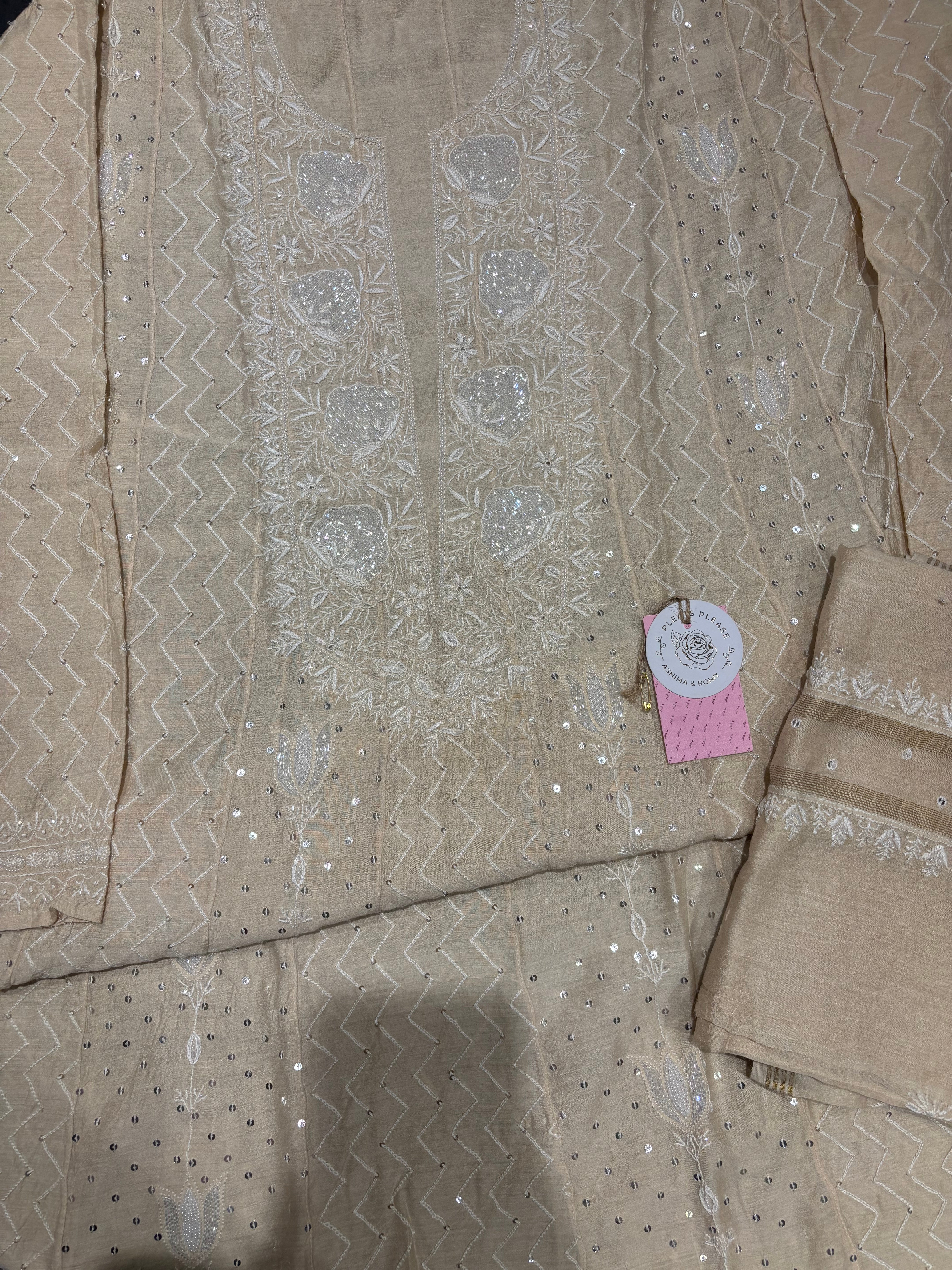 Dyeable Monga Silk Chikankari Anarkali and Dupatta Set