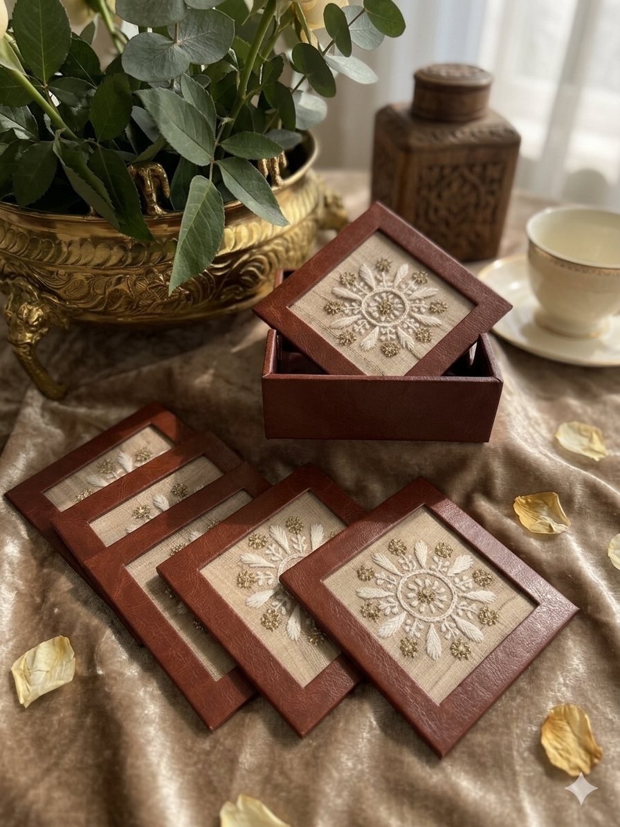 Leather Frame Chikankari Tea-Coaster 6- Piece Set