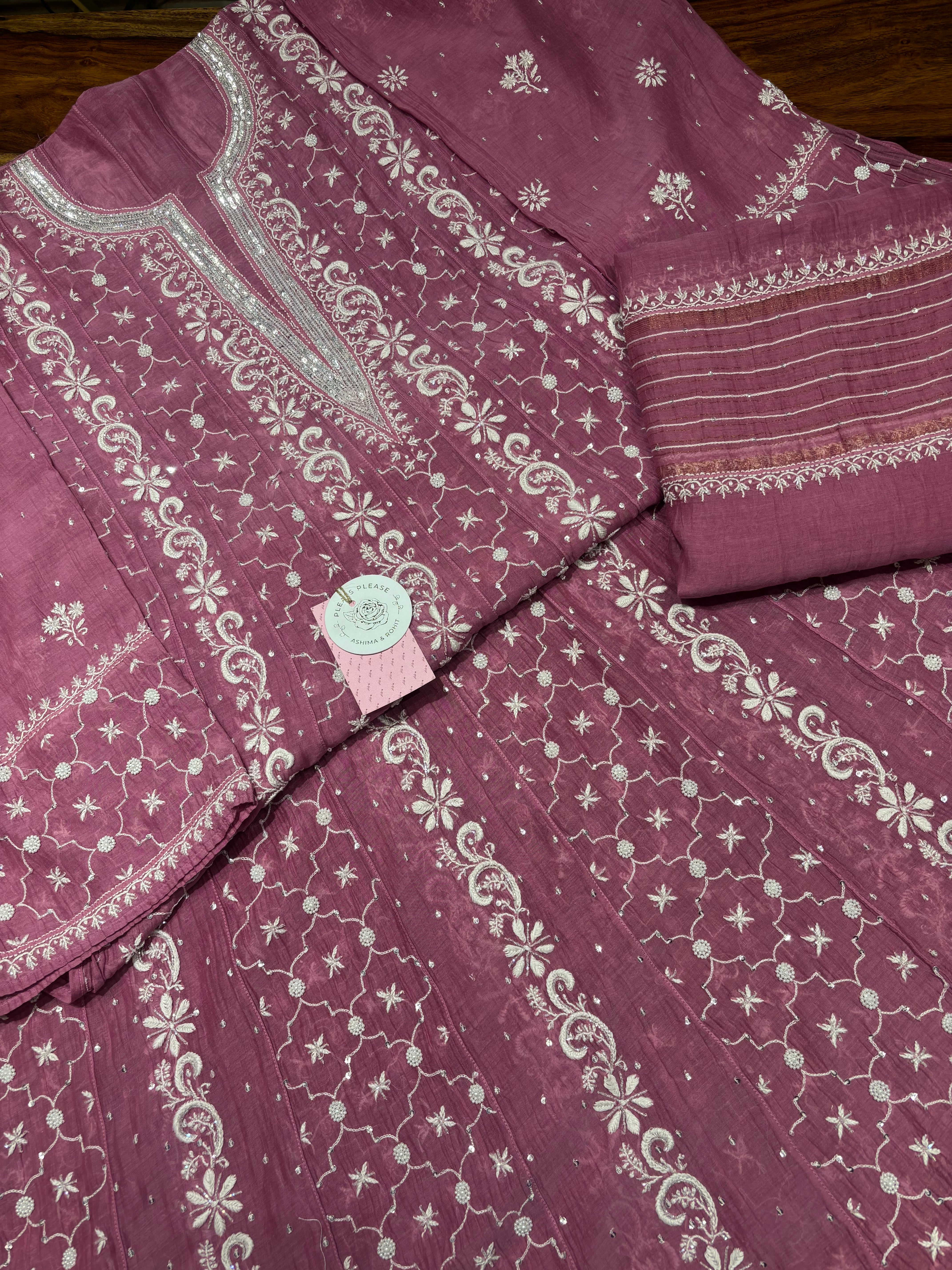 Rouge Pink Chanderi Mul Chikankari Anarkali & Dupatta Set