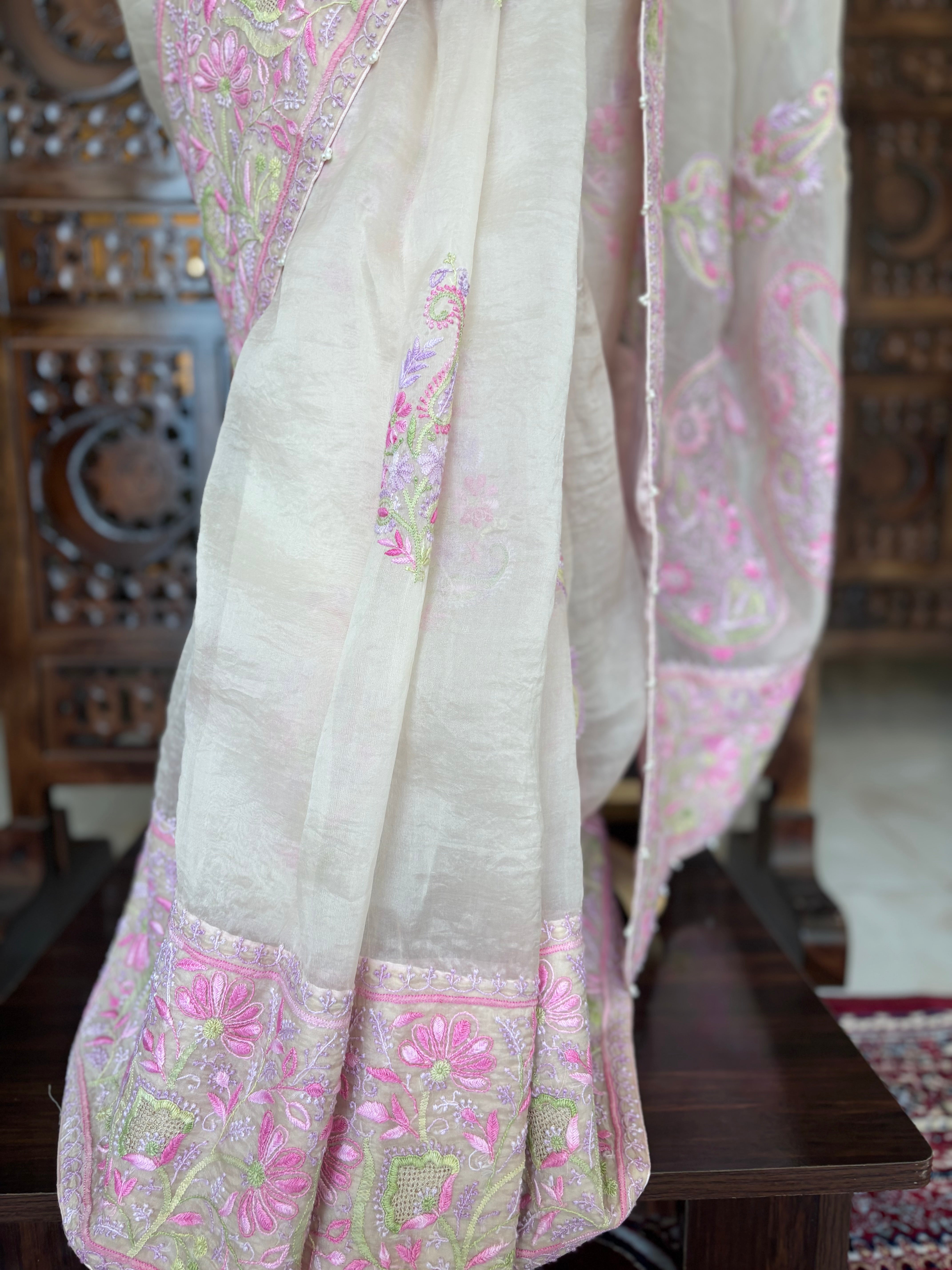 Nude Peach Pure & Premium Organza Chikankari Saree & Blouses - Pleats PleaseChikankari