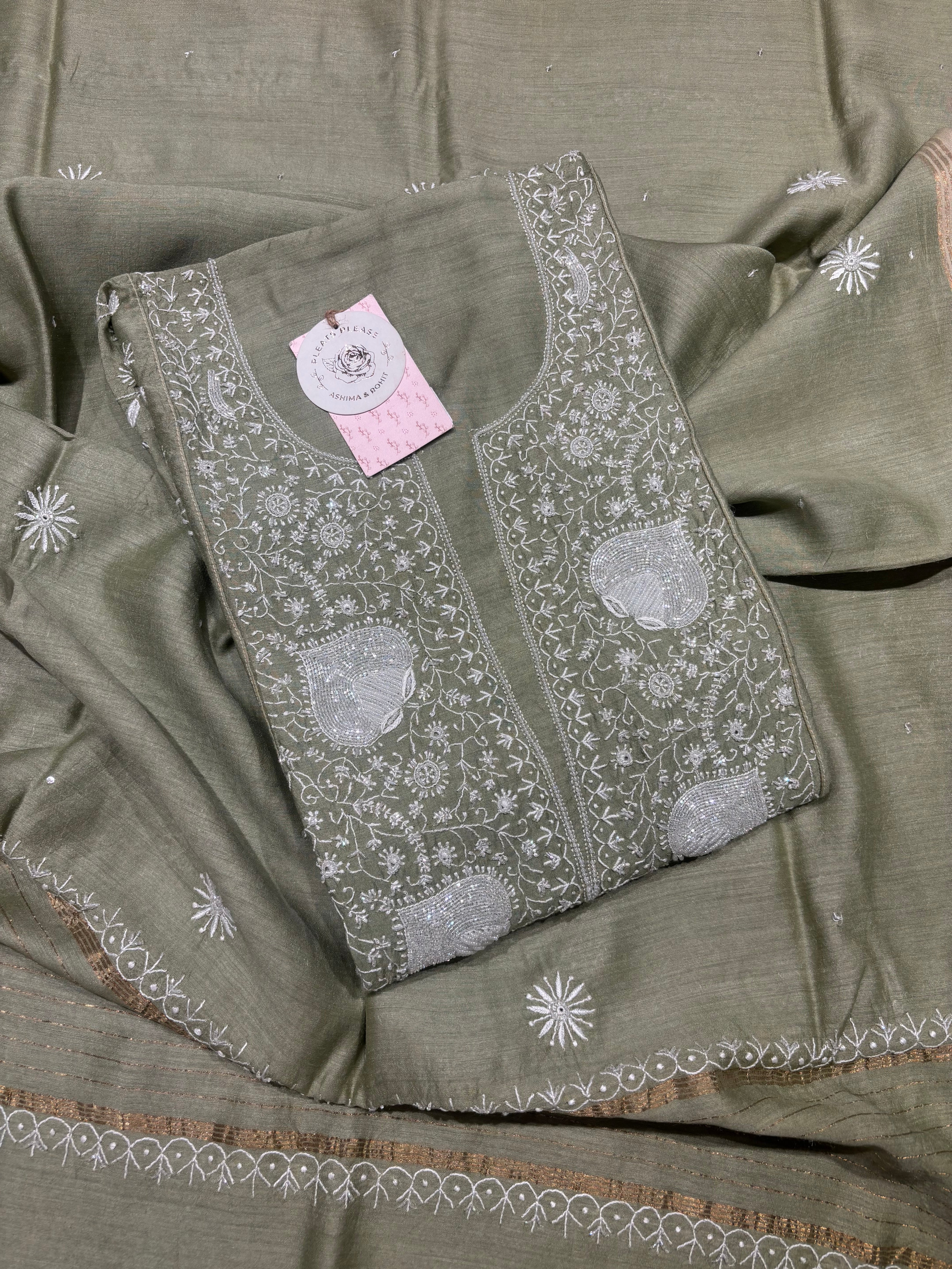 Mossy Green Pure and Premium Monga Silk Chikankari Kurta and Dupatta Set