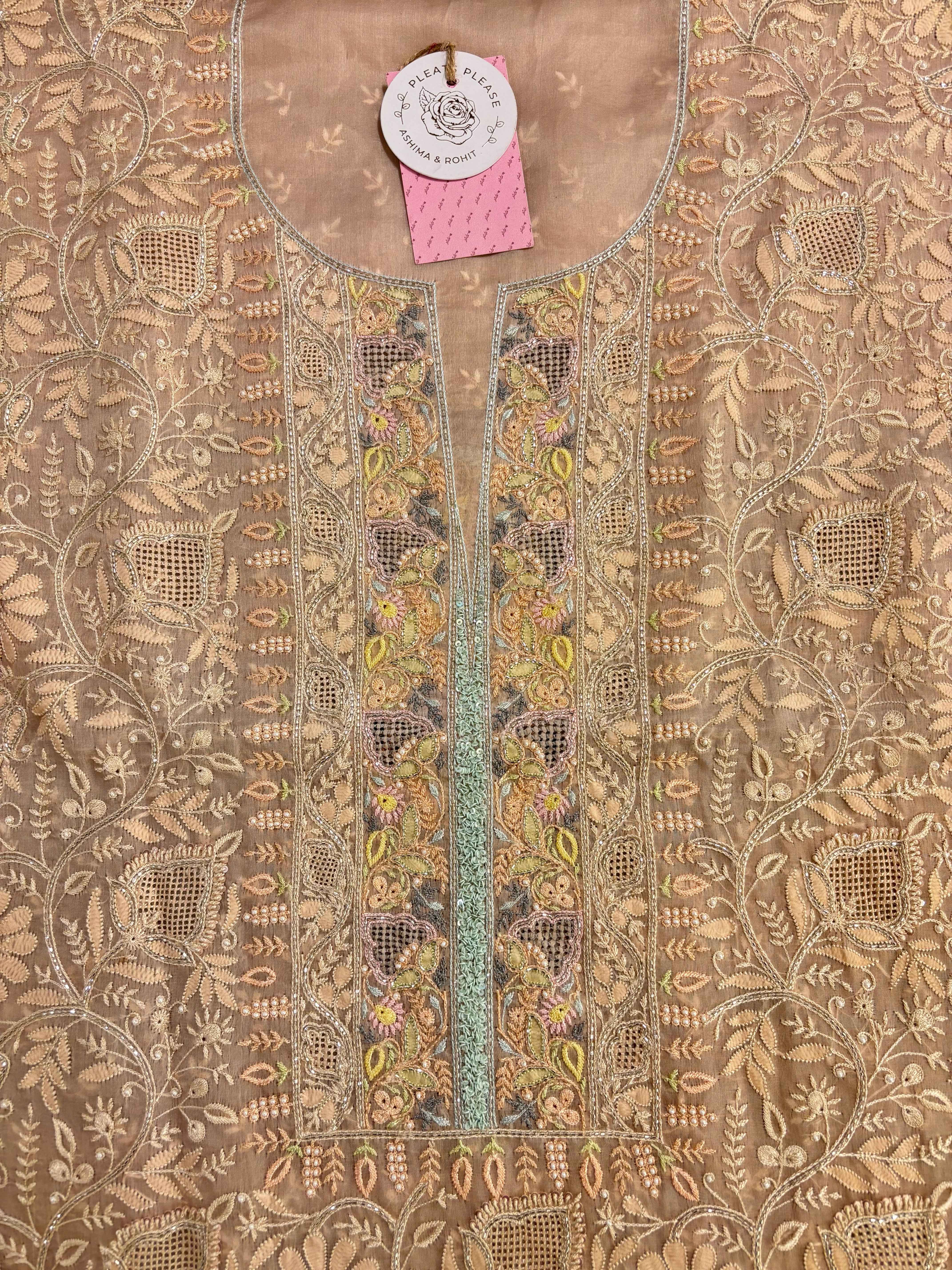 Pastel Peach Organza Mirror Chikankari Kurta & Dupatta