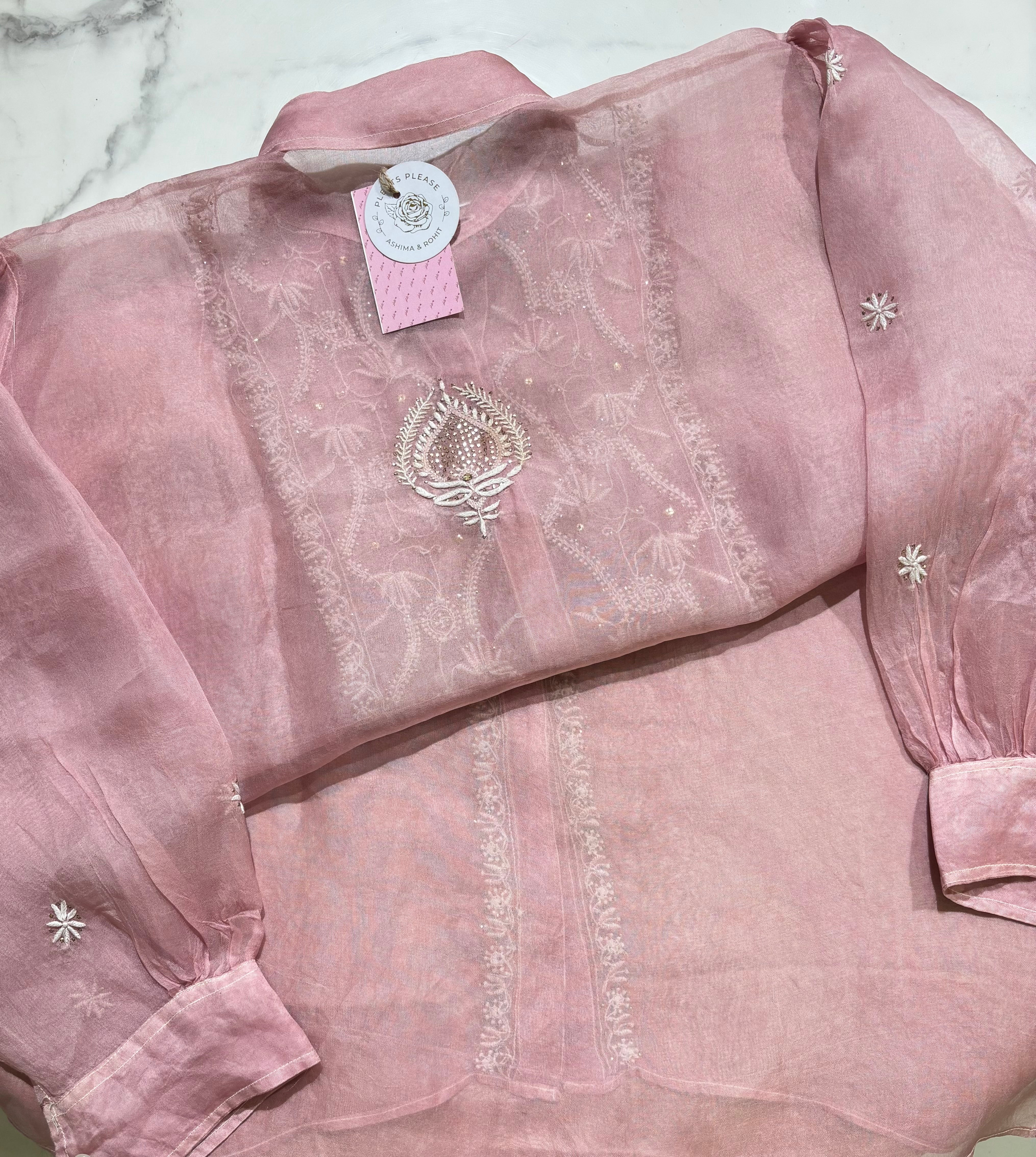 Blush Pink Pure Organza Chikankari Shirt - Pleats PleaseChikankari