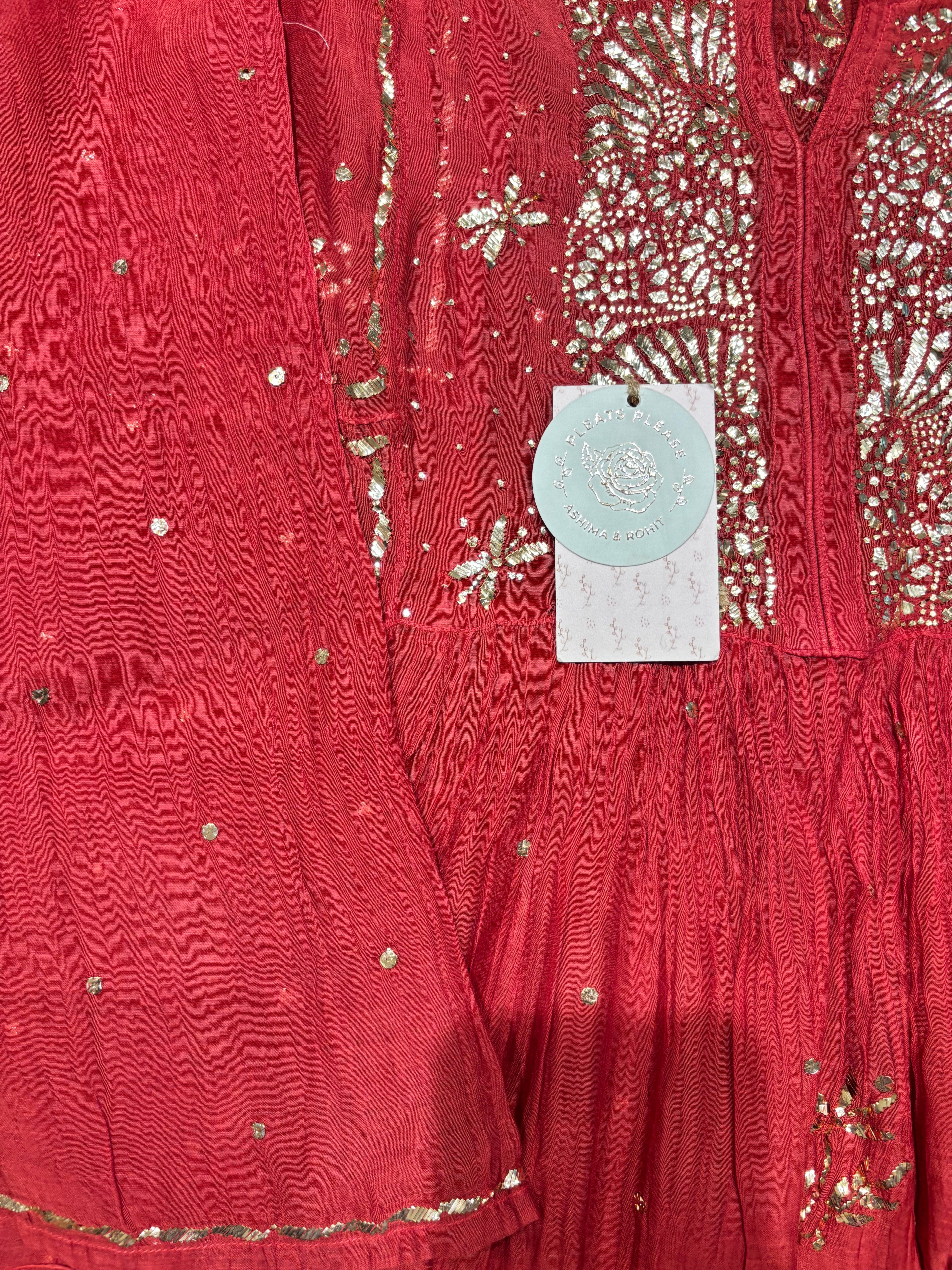 Red Chanderi Mul Mukaish Tunic Kurta and Dupatta Set