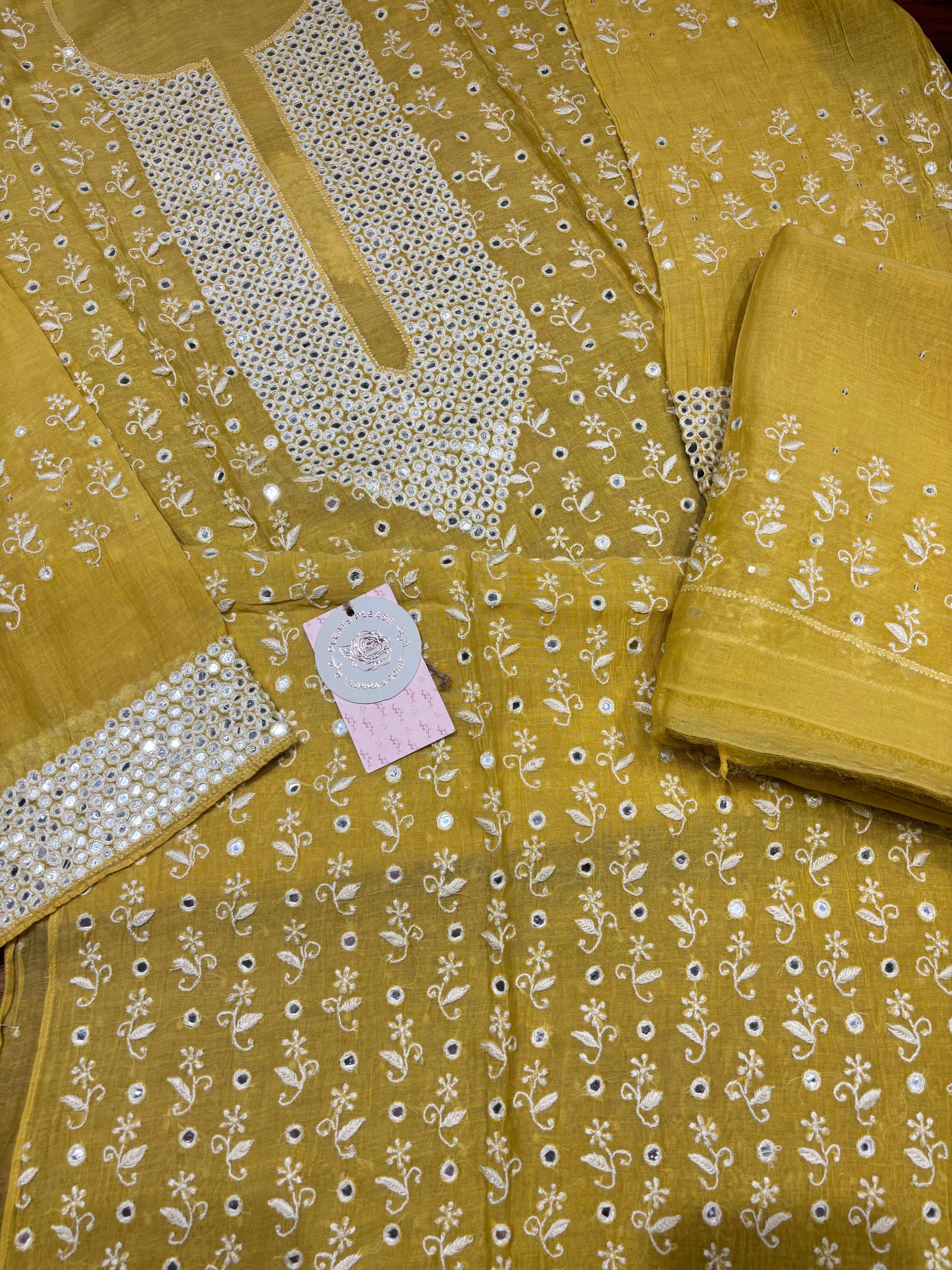 Yellow chanderi Mul Chikankari Kurta and Dupatta Set