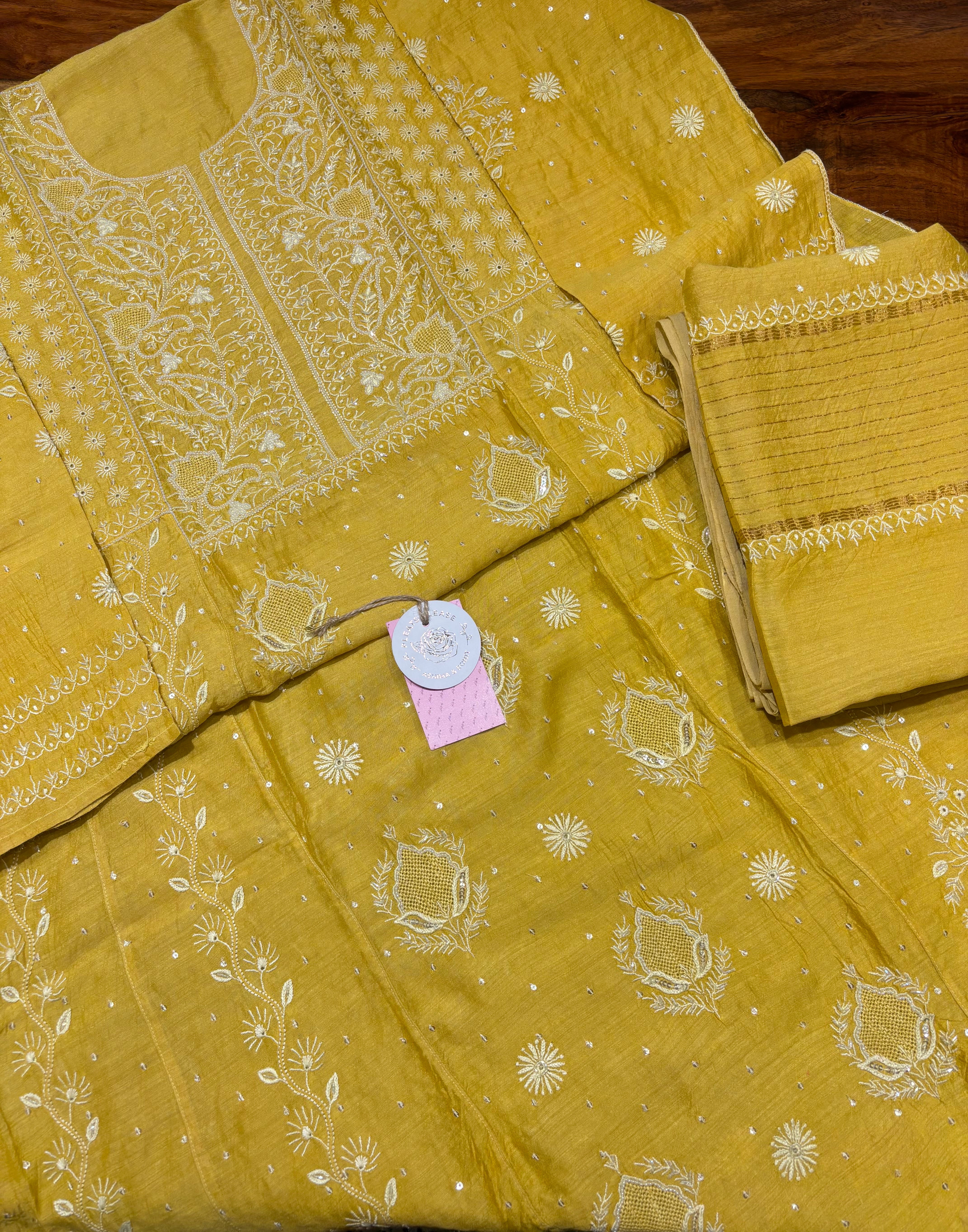 Mustard Pure & Premium Monga Silk Chikankari Anarkali & Dupatta Set