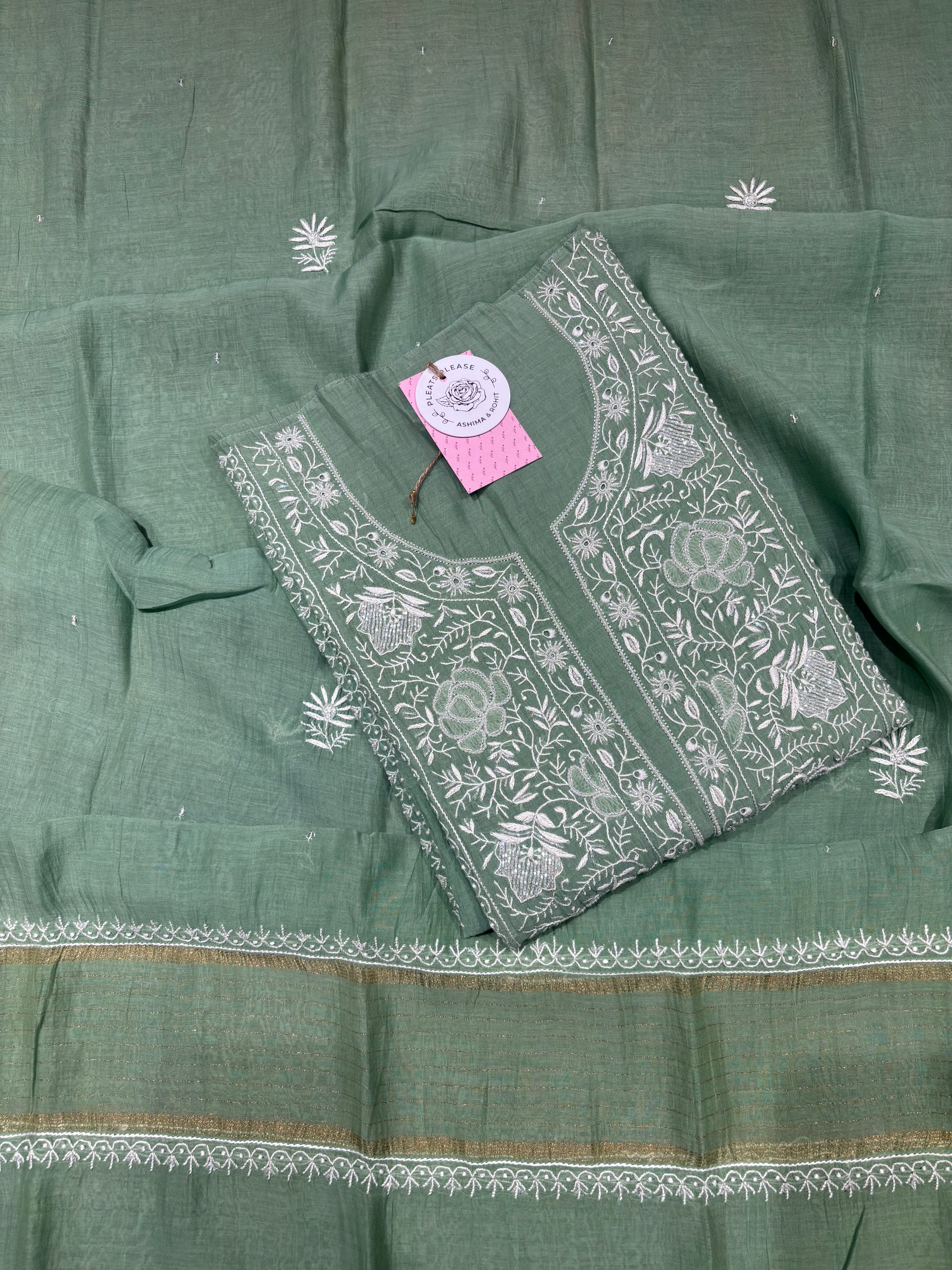 Mint Green Chanderi Mul Chikankari Kurta & Dupatta Set