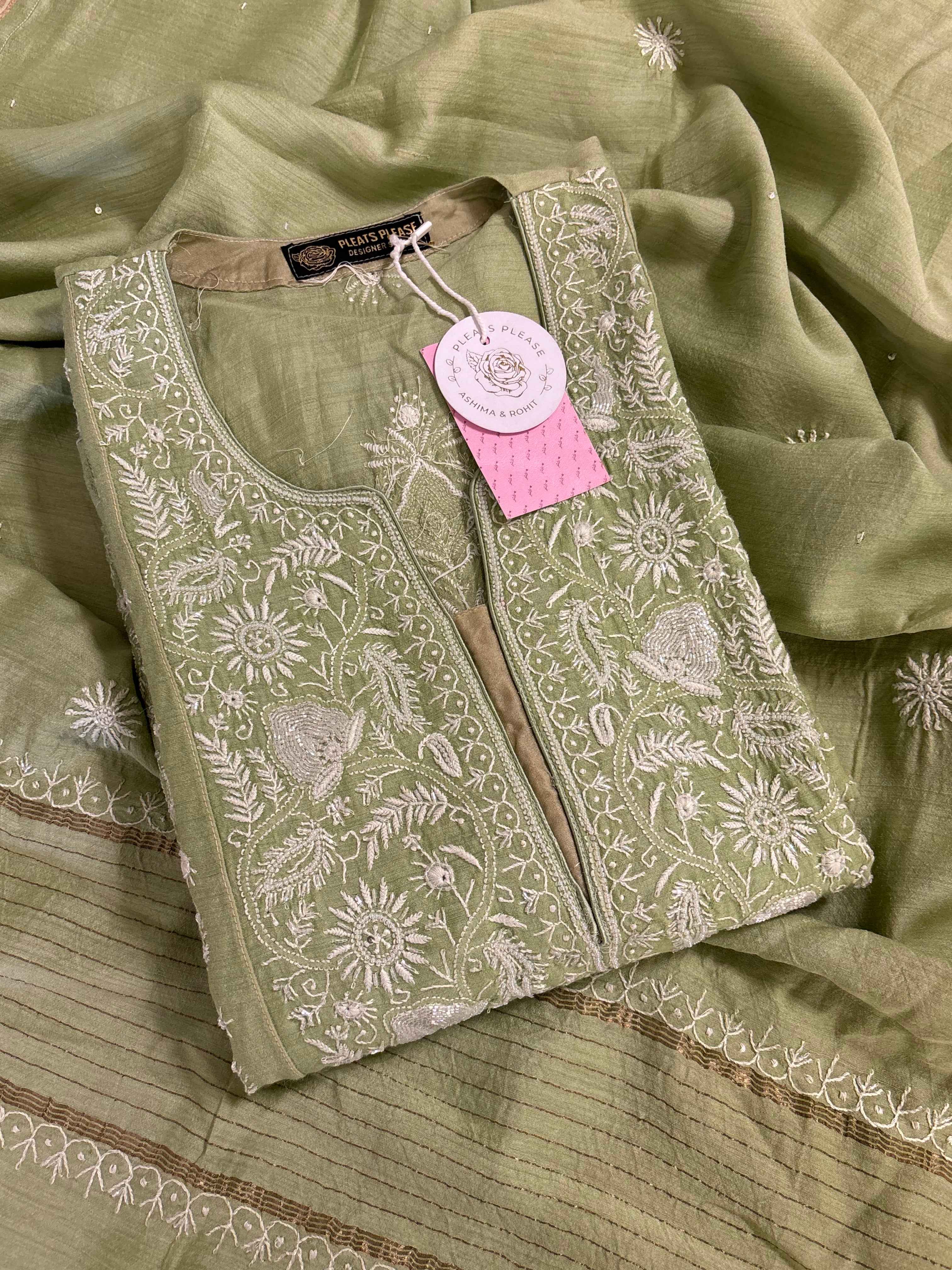 Sage Green Chikankari Munga Silk Kurta Dupatta Set