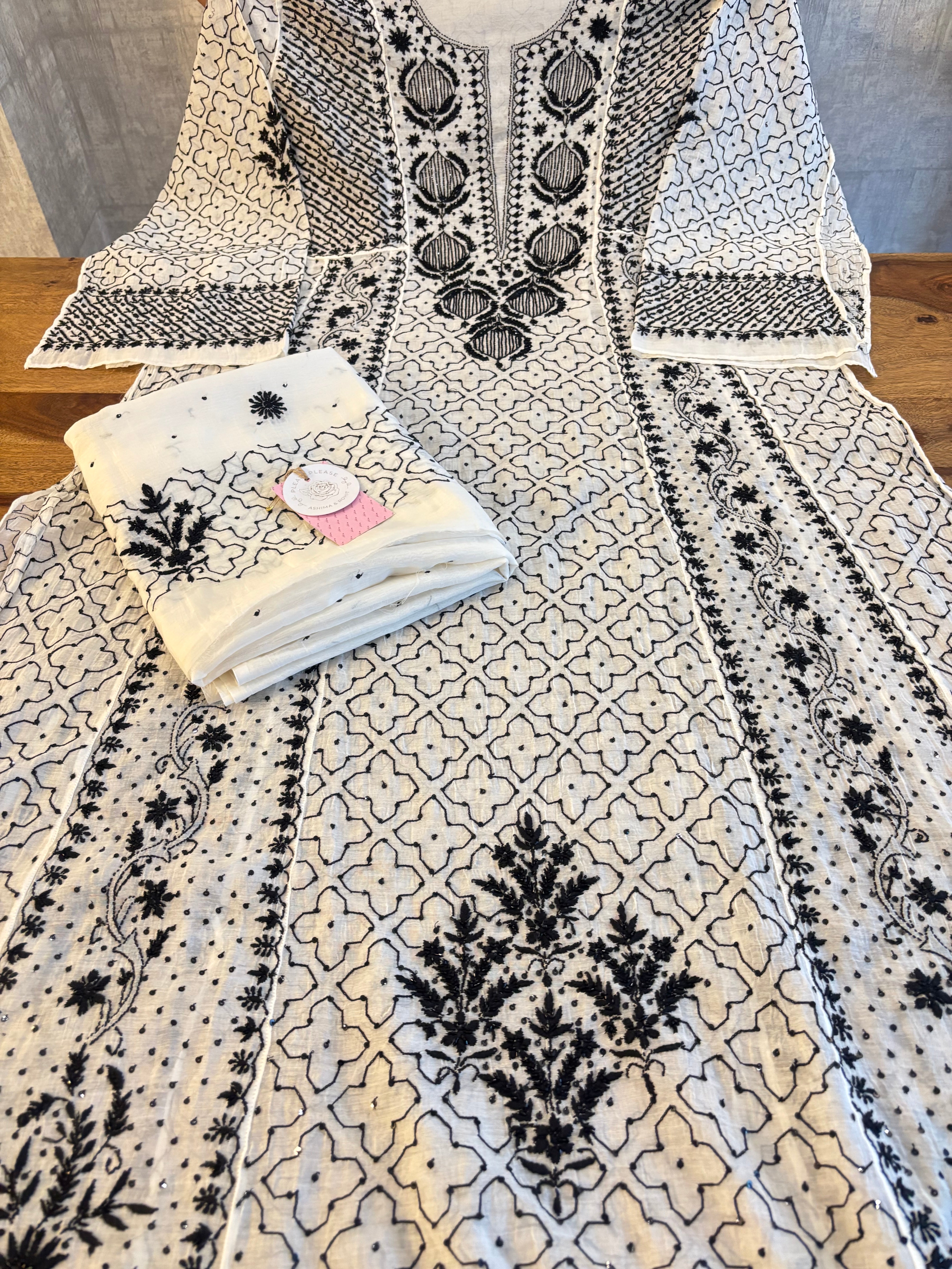 Dyeable Black and White Chanderi Mul Chikankari Anarkali & Dupatta