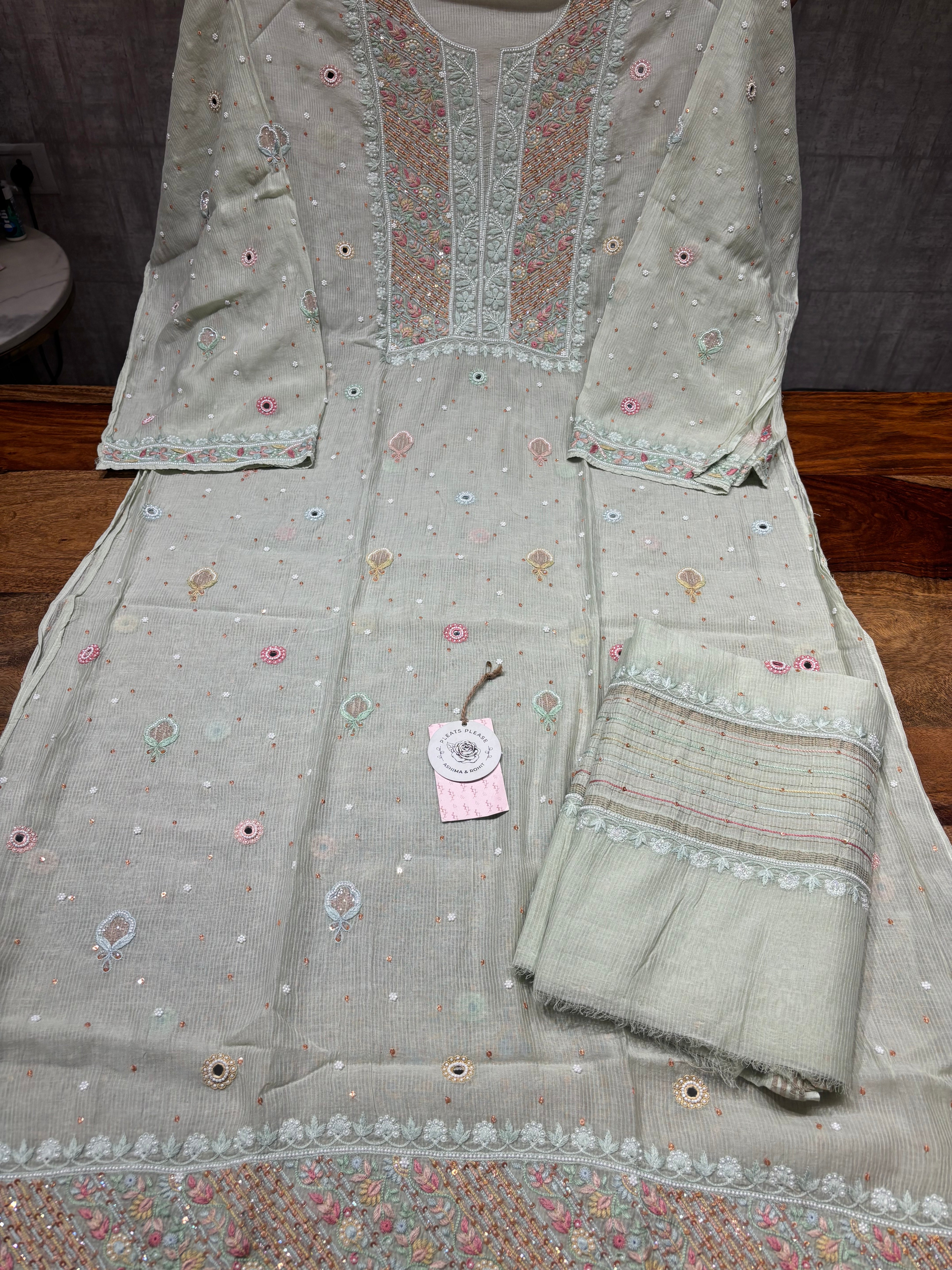 Mint Green Chanderi Mul Chikankari Kurta and Dupatta
