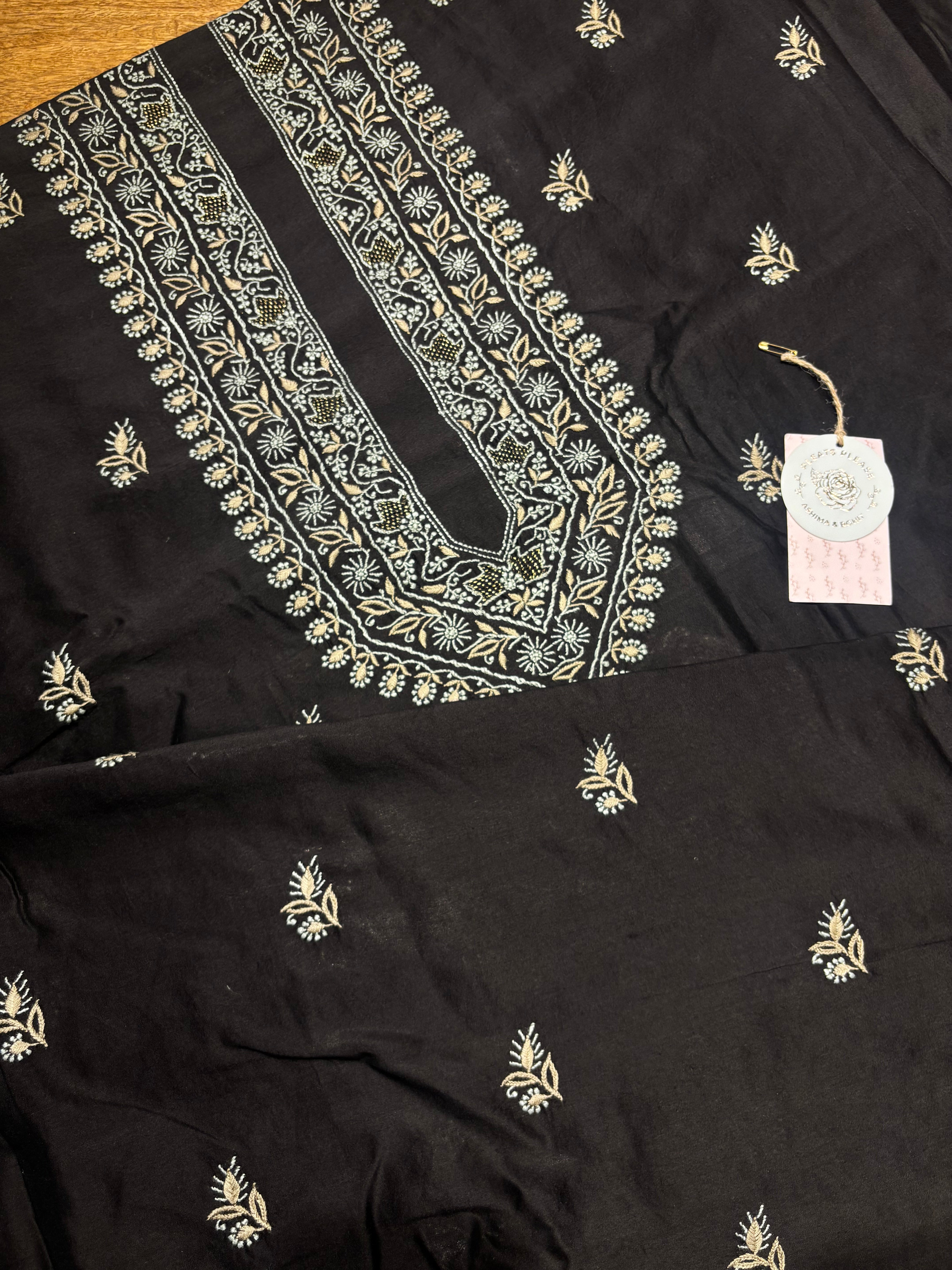 Black Chanderi Silk Chikankari Men’s Kurta Fabric