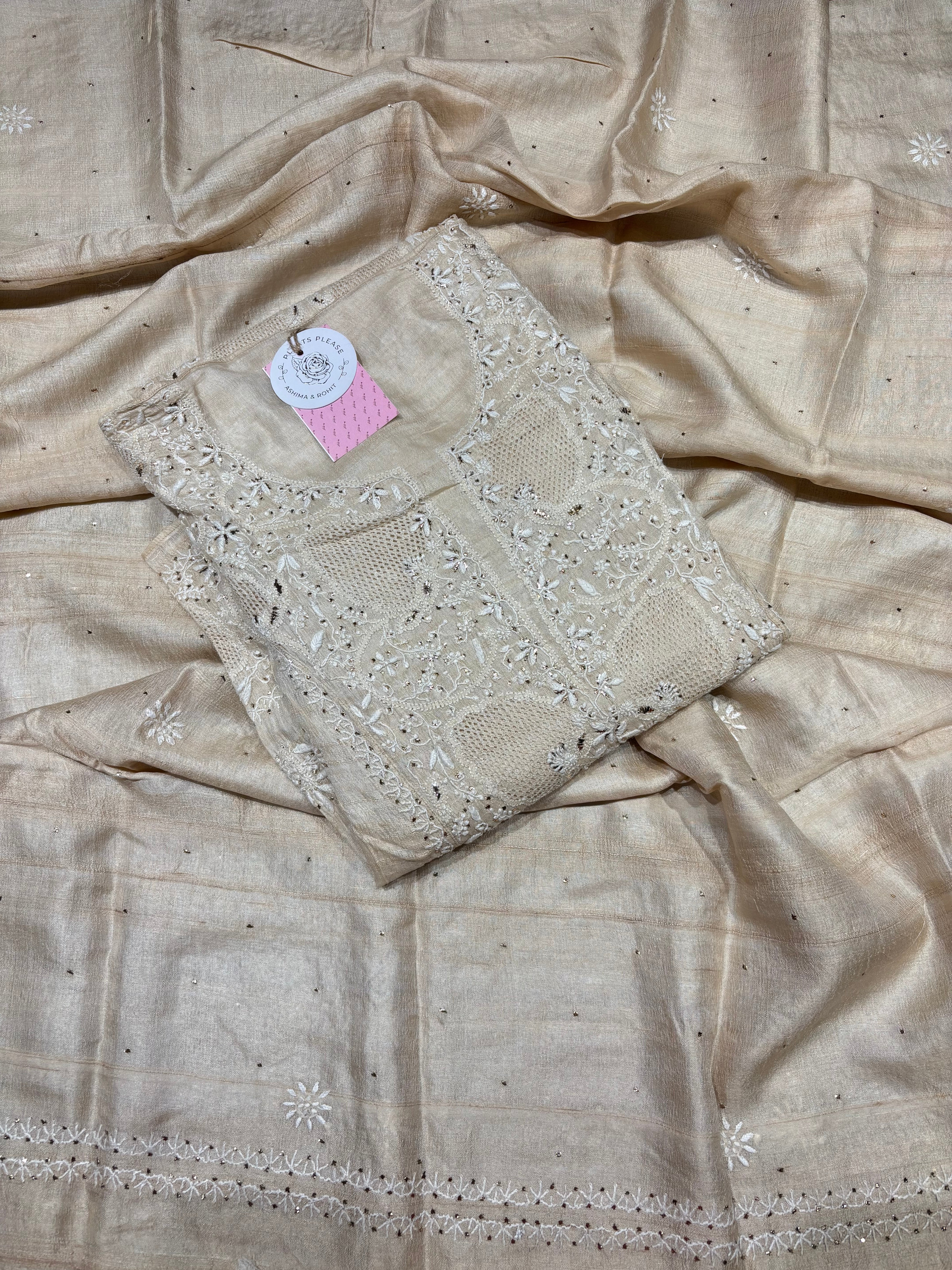 Dyeable Pure & Premium Tassar Silk Chikankari Kurta & Dupatta Set