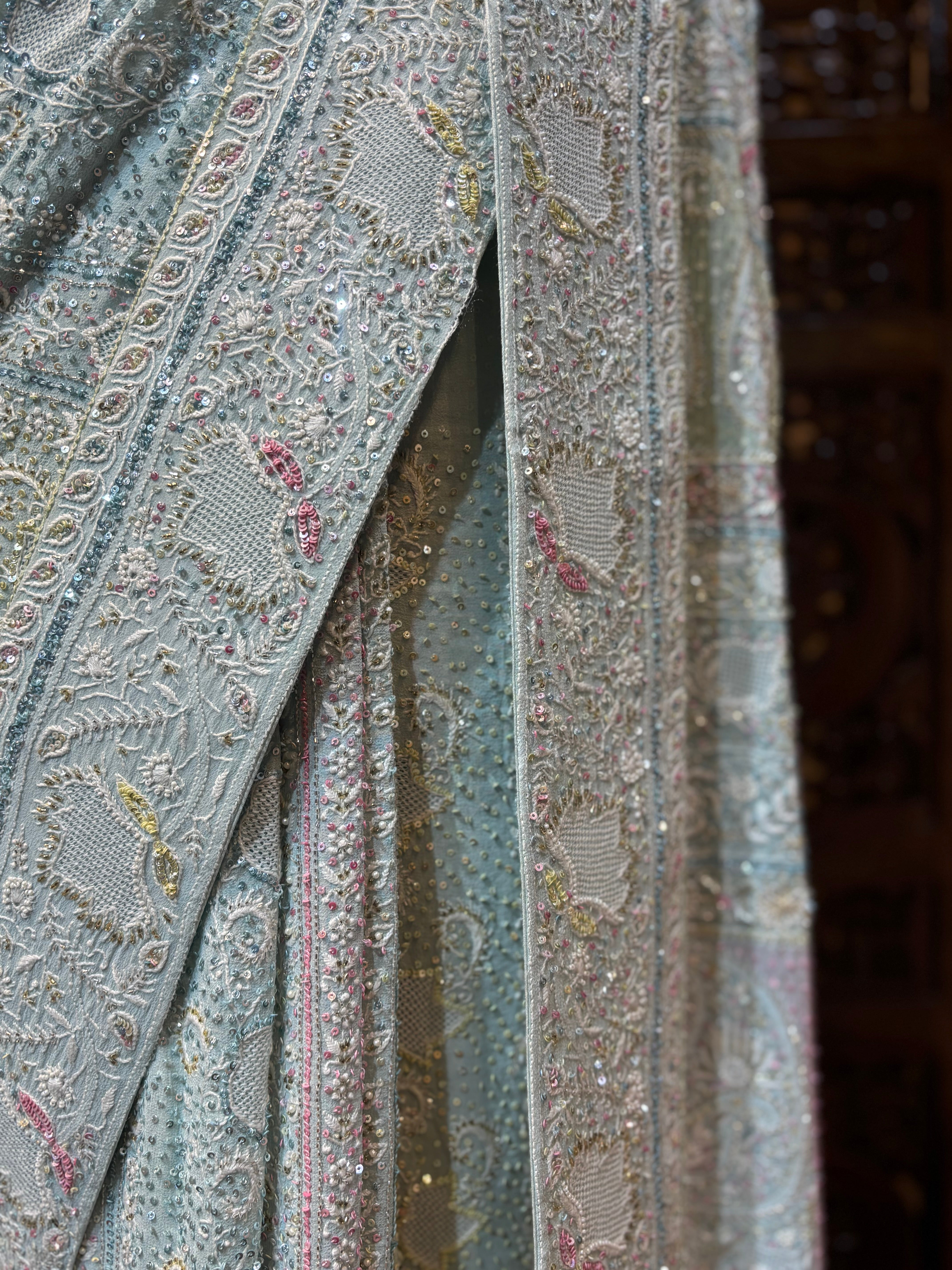 Aqua Blue Pure & Premium Georgette Chikankari Saree & Blouse - Pleats PleaseChikankari
