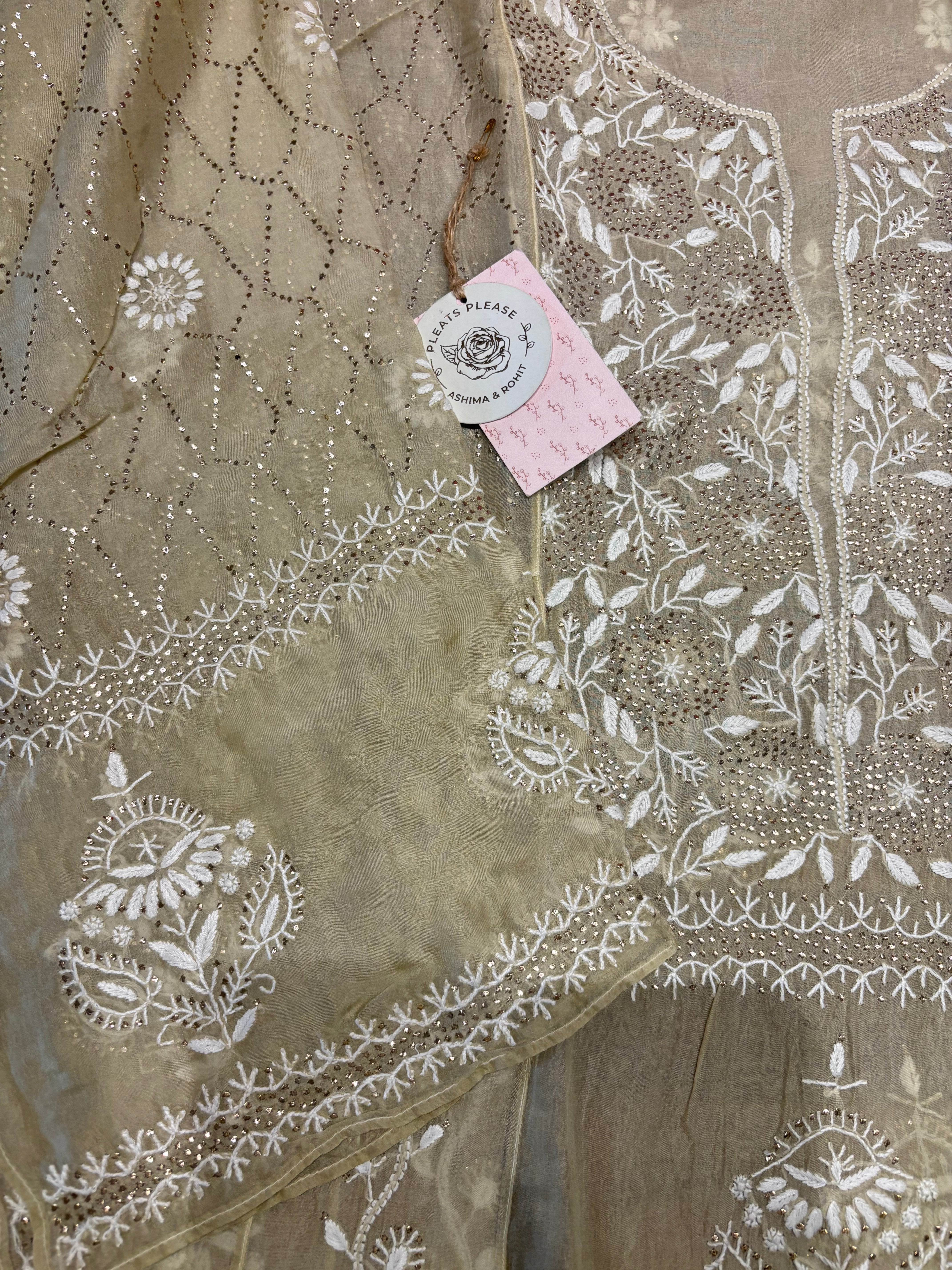 Golden Organza chikankari Anarkali and dupatta