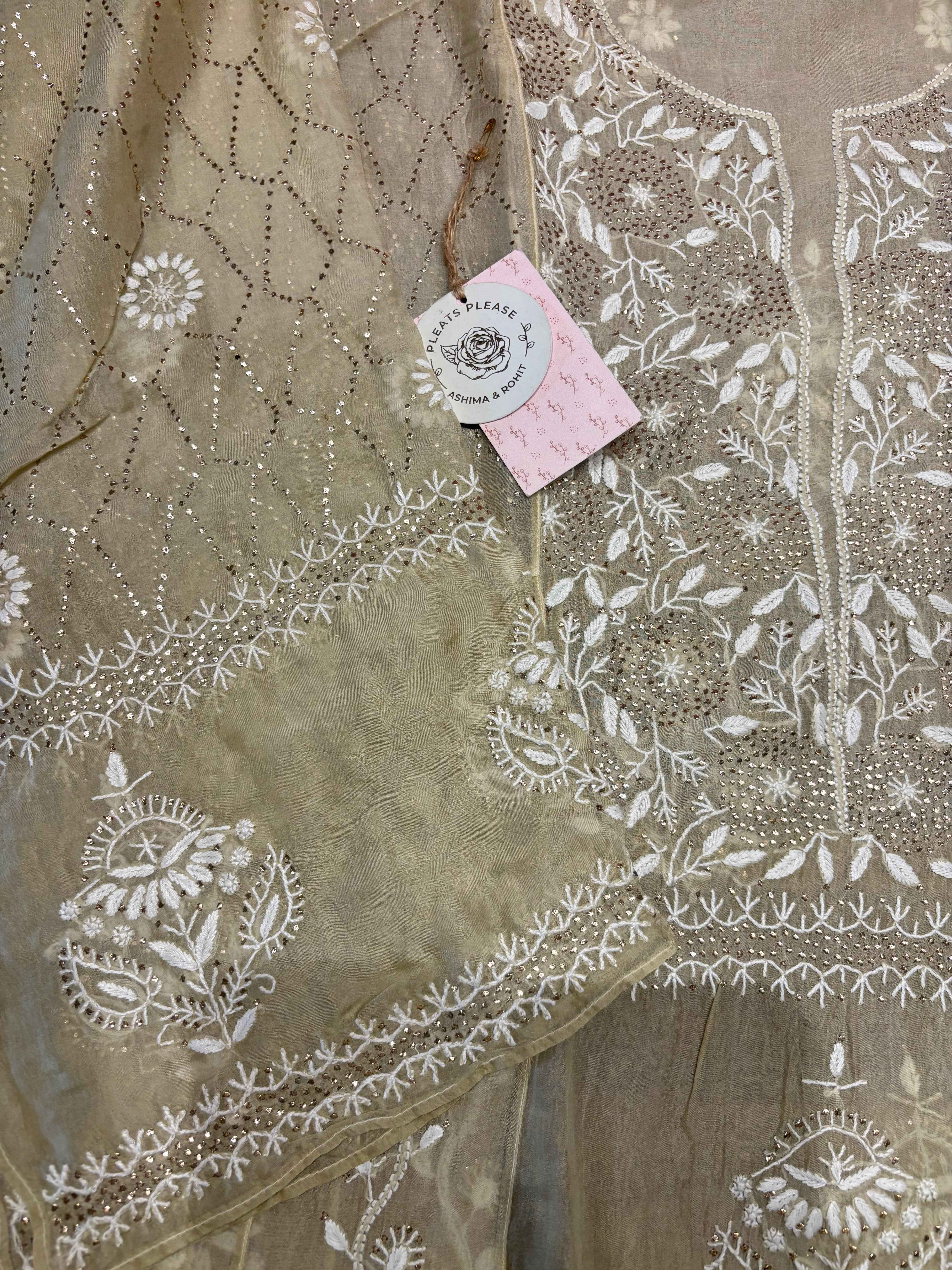 Golden Organza chikankari Anarkali and dupatta - Pleats PleaseChikankari