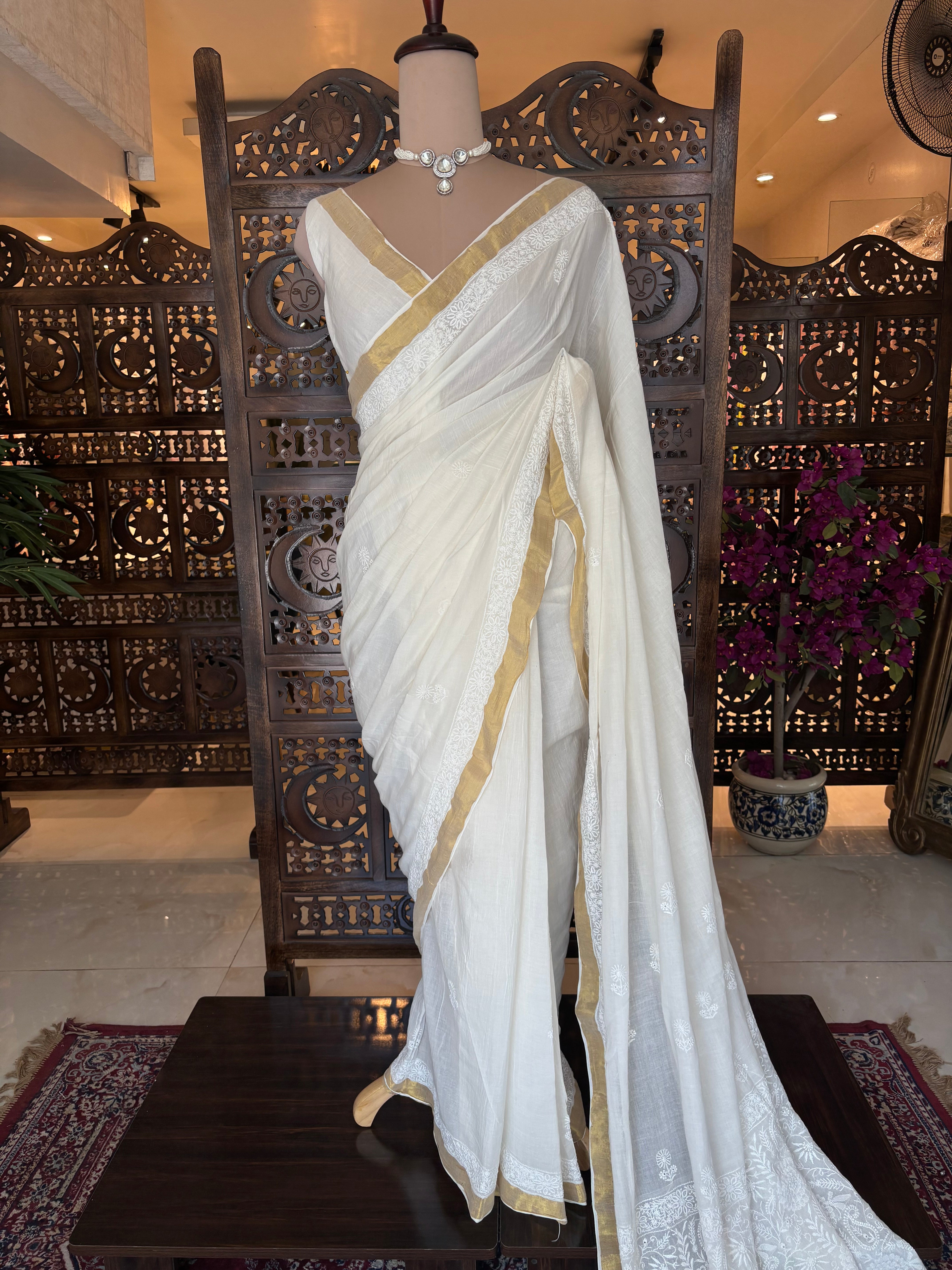 Dyeable Pure Chanderi Mul Chikankari Saree
