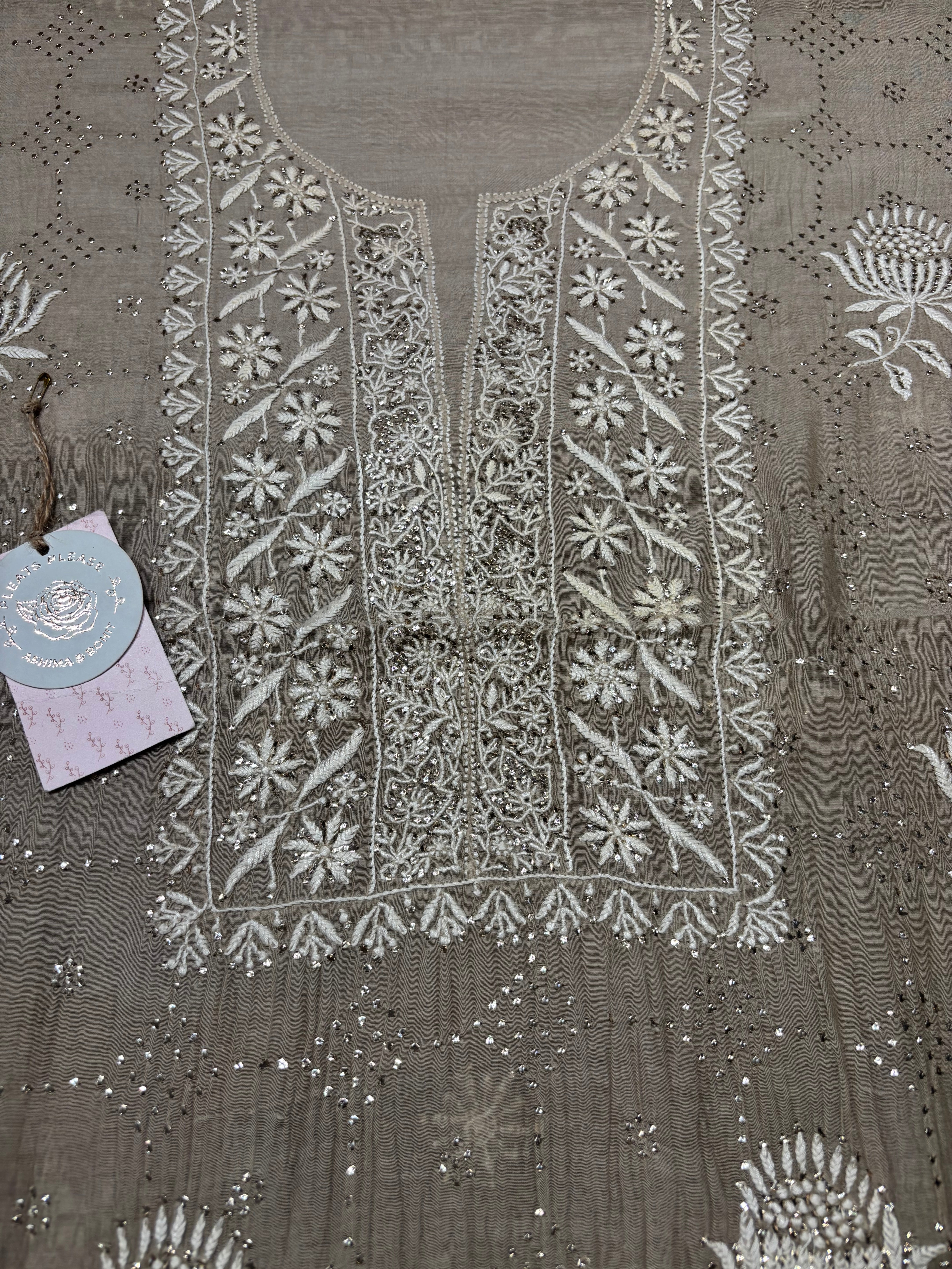Mocha mousse Chanderi Mul Chikankari kurta and Dupatta Fabric