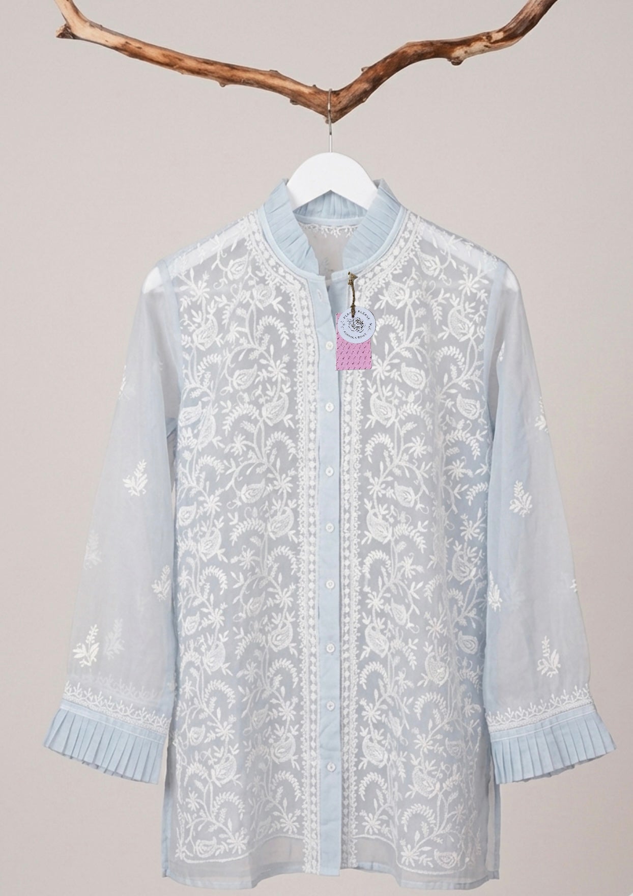 Powder Blue Pure Organza Chikankari Shirt