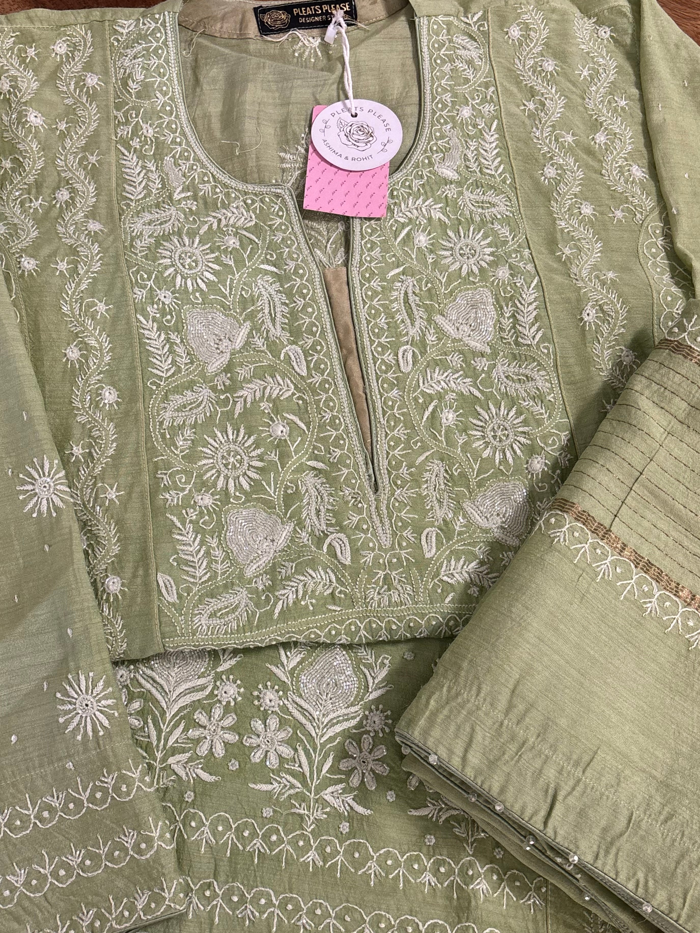 Sage Green Chikankari Munga Silk Kurta Dupatta Set