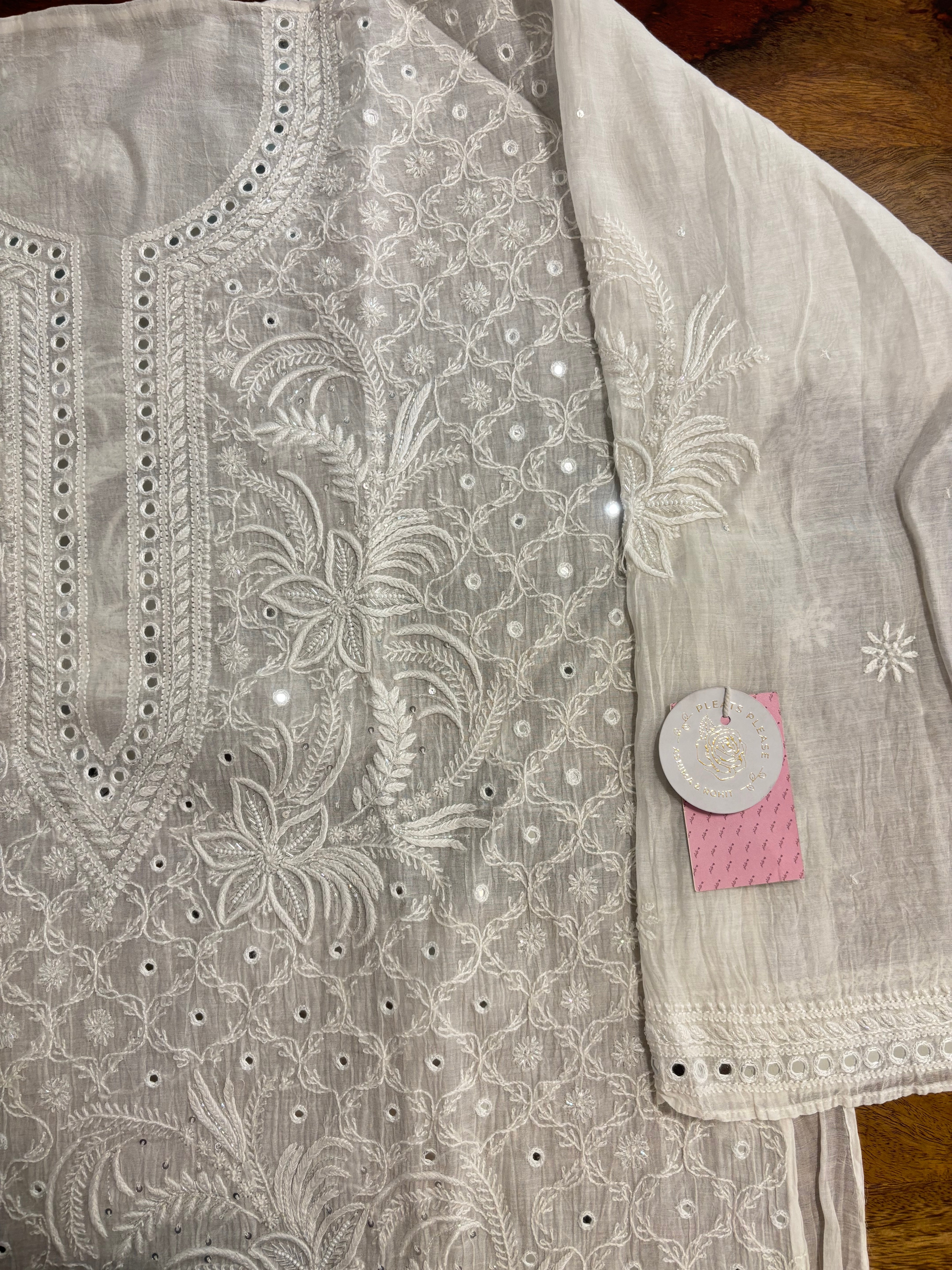 Dyeable Chanderi Mirror Chikankari Kurta & Dupatta - Pleats PleaseChikankari