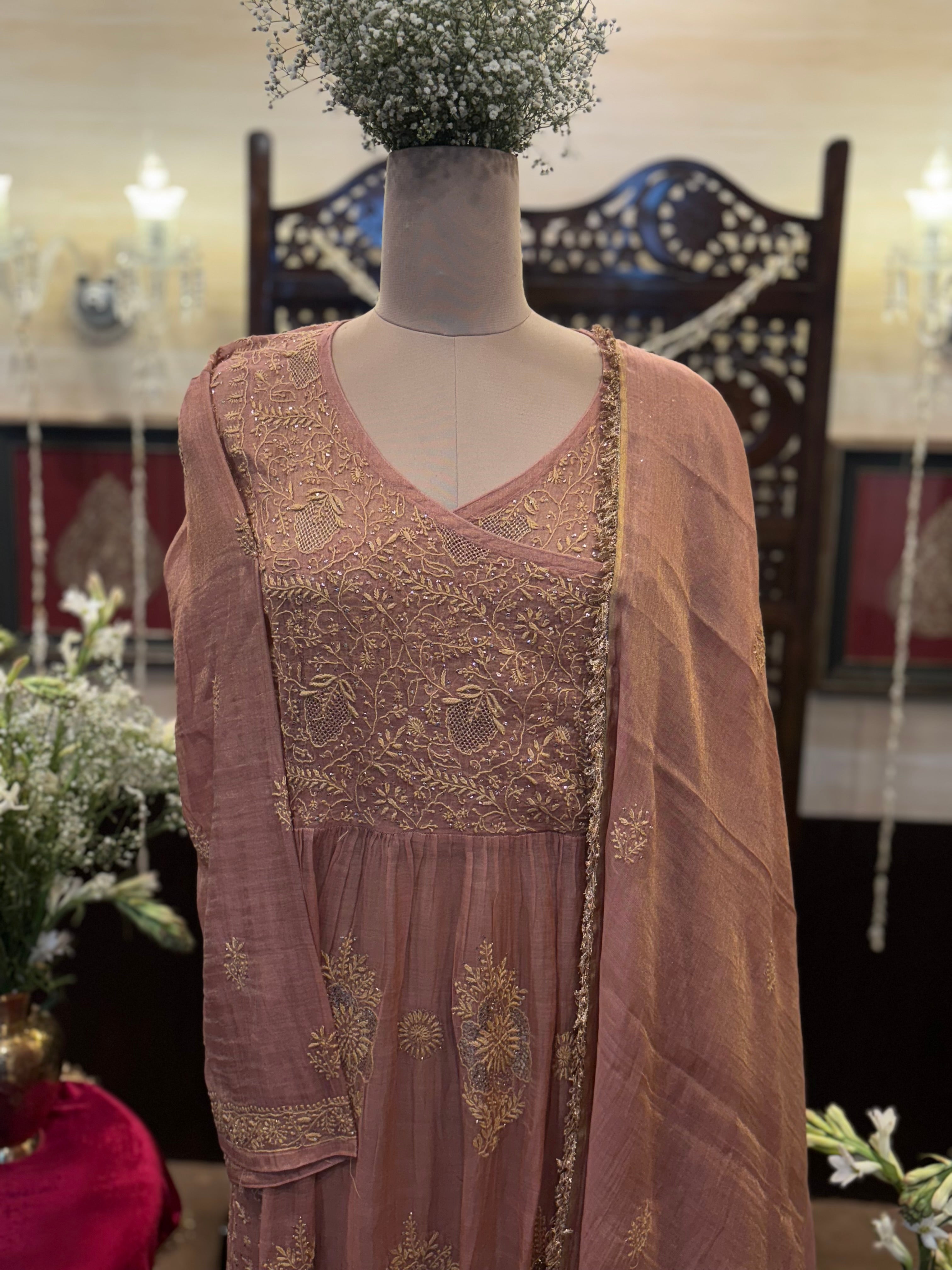 Rose Gold pure & Premium Tissue Chikankari & Mukaish Angrakha Kurta and Dupatta Set
