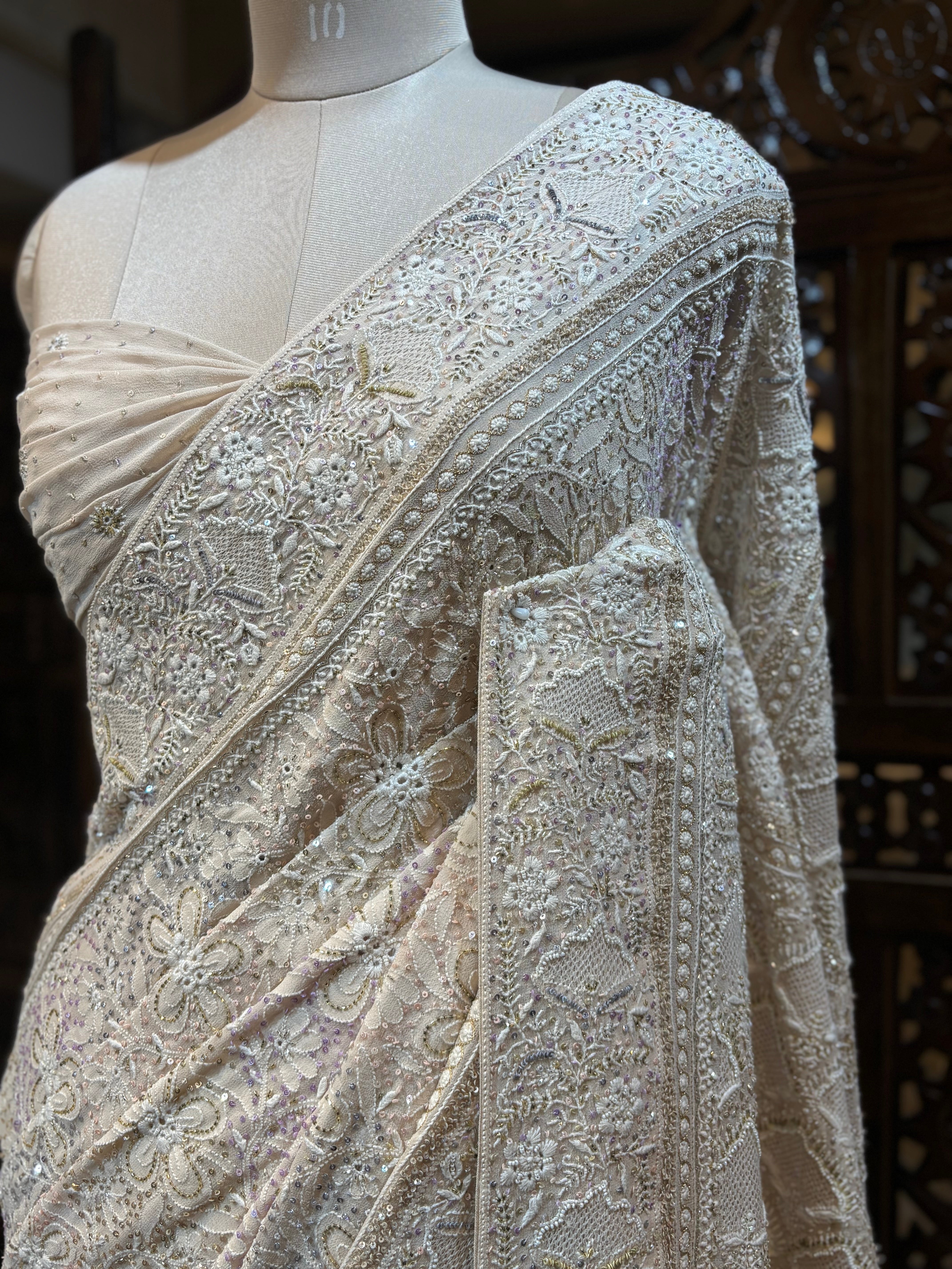 Coffee Cream Pure Georgette Chikankari Saree and Blouse - Pleats PleaseChikankari